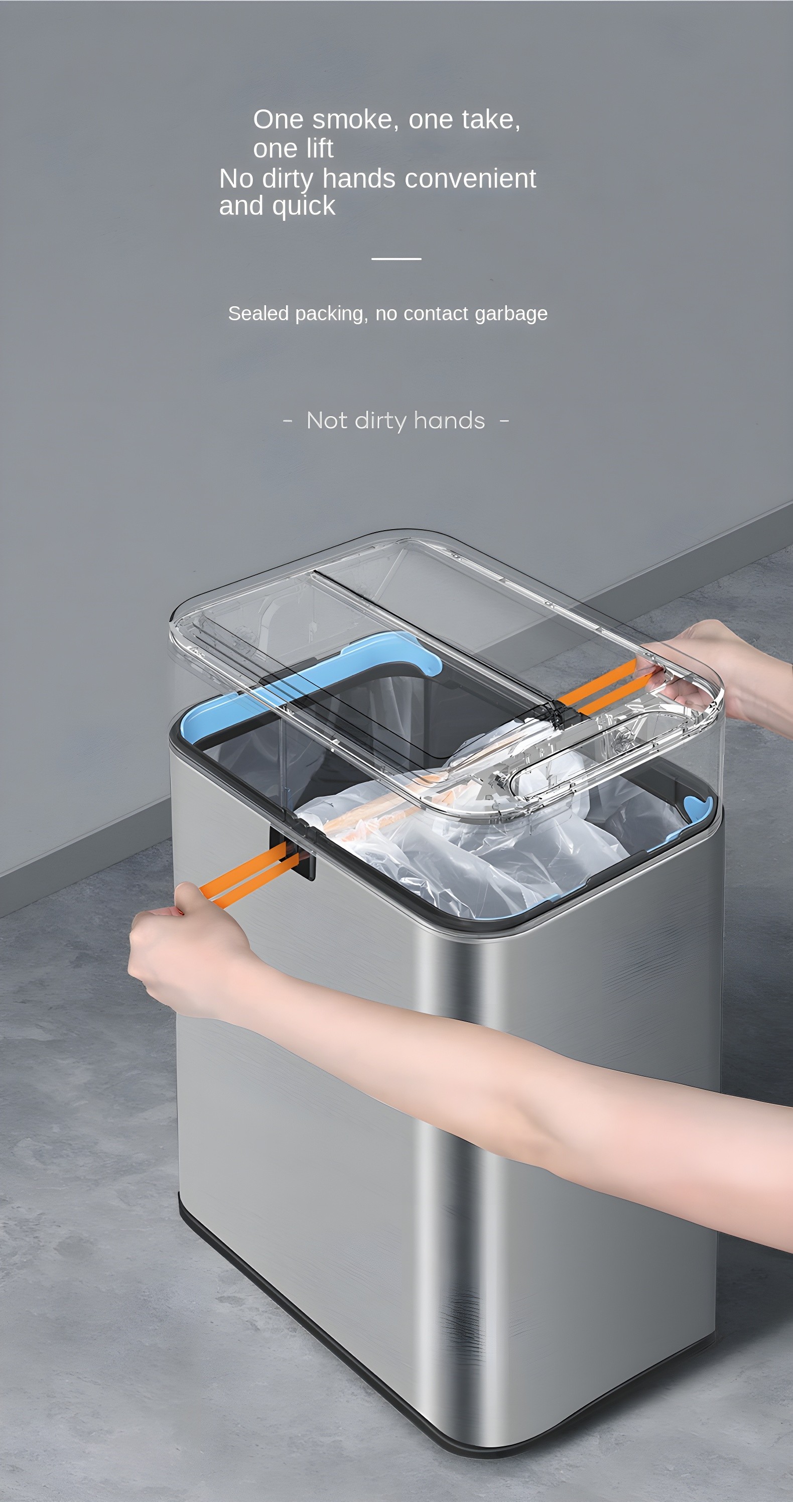User demonstrating sealed packing and no contact garbage disposal