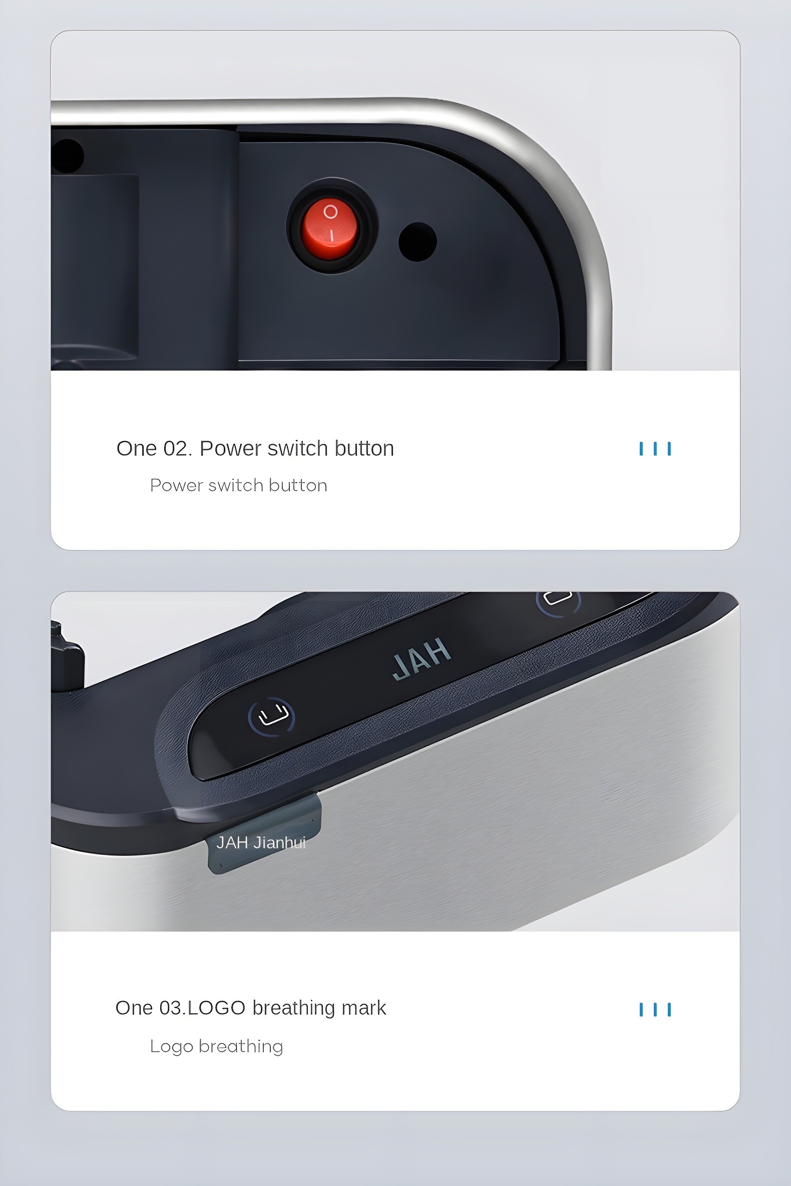 Power switch button and logo breathing mark details