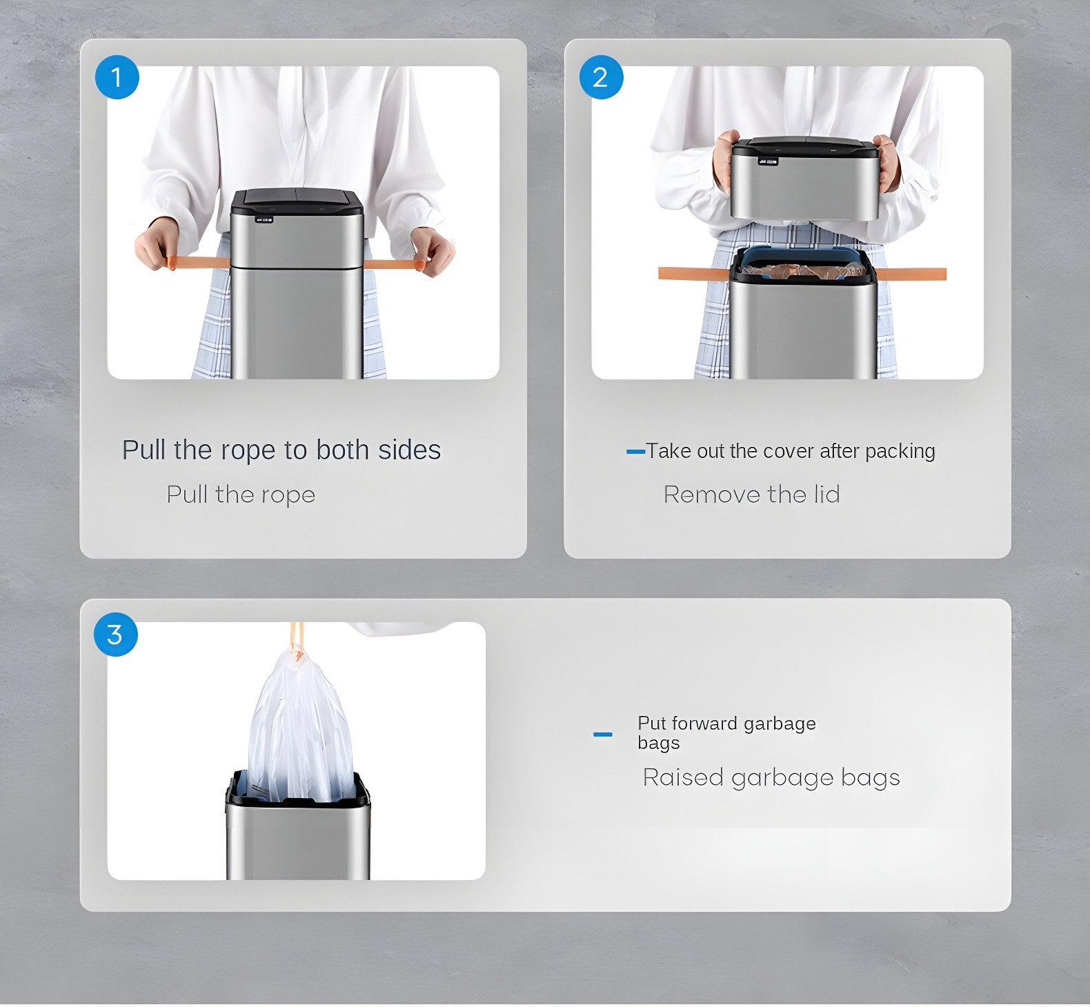Step-by-step guide for bag replacement: pull rope, remove lid, raise bag