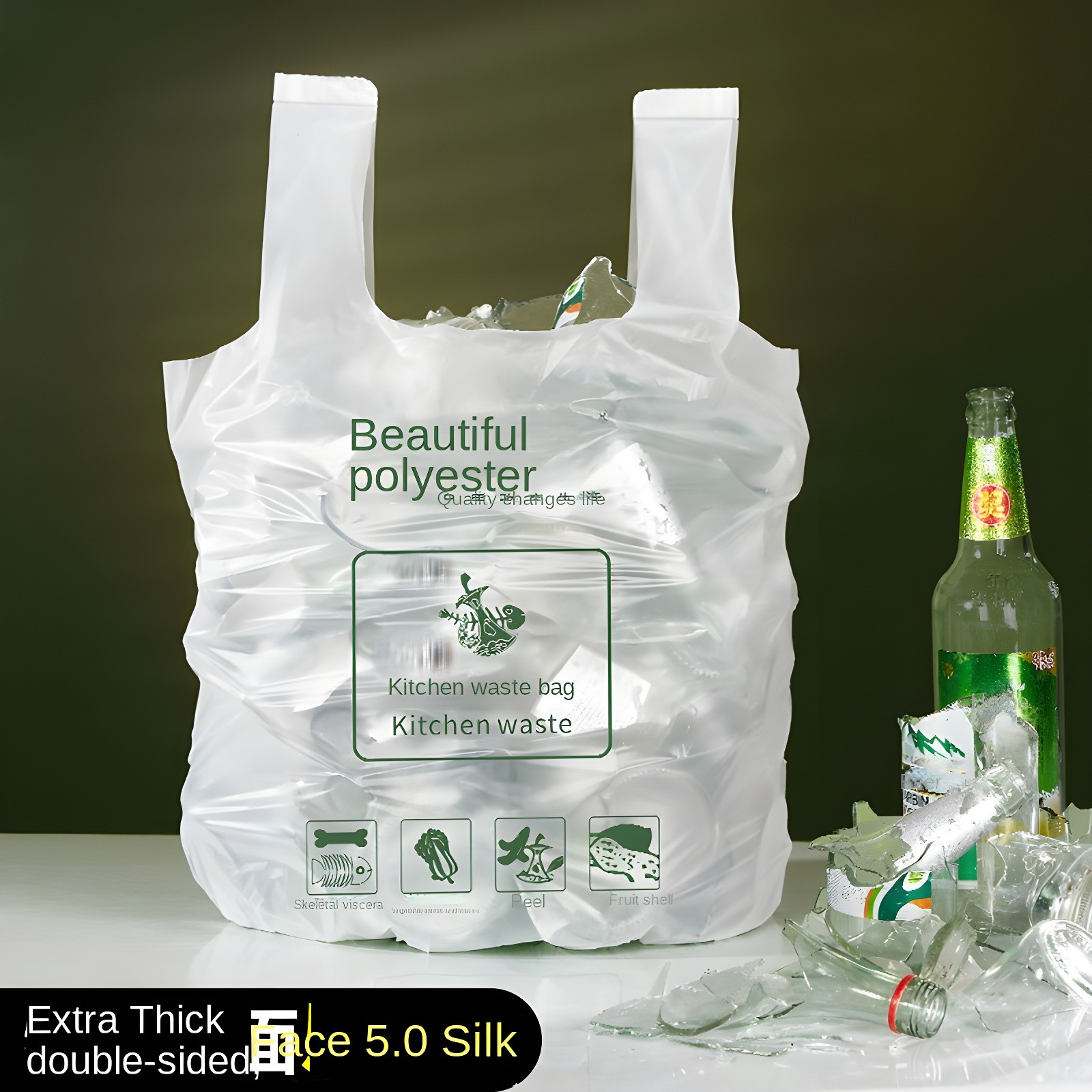 White garbage bag filled with broken glass, showcasing capacity and strength