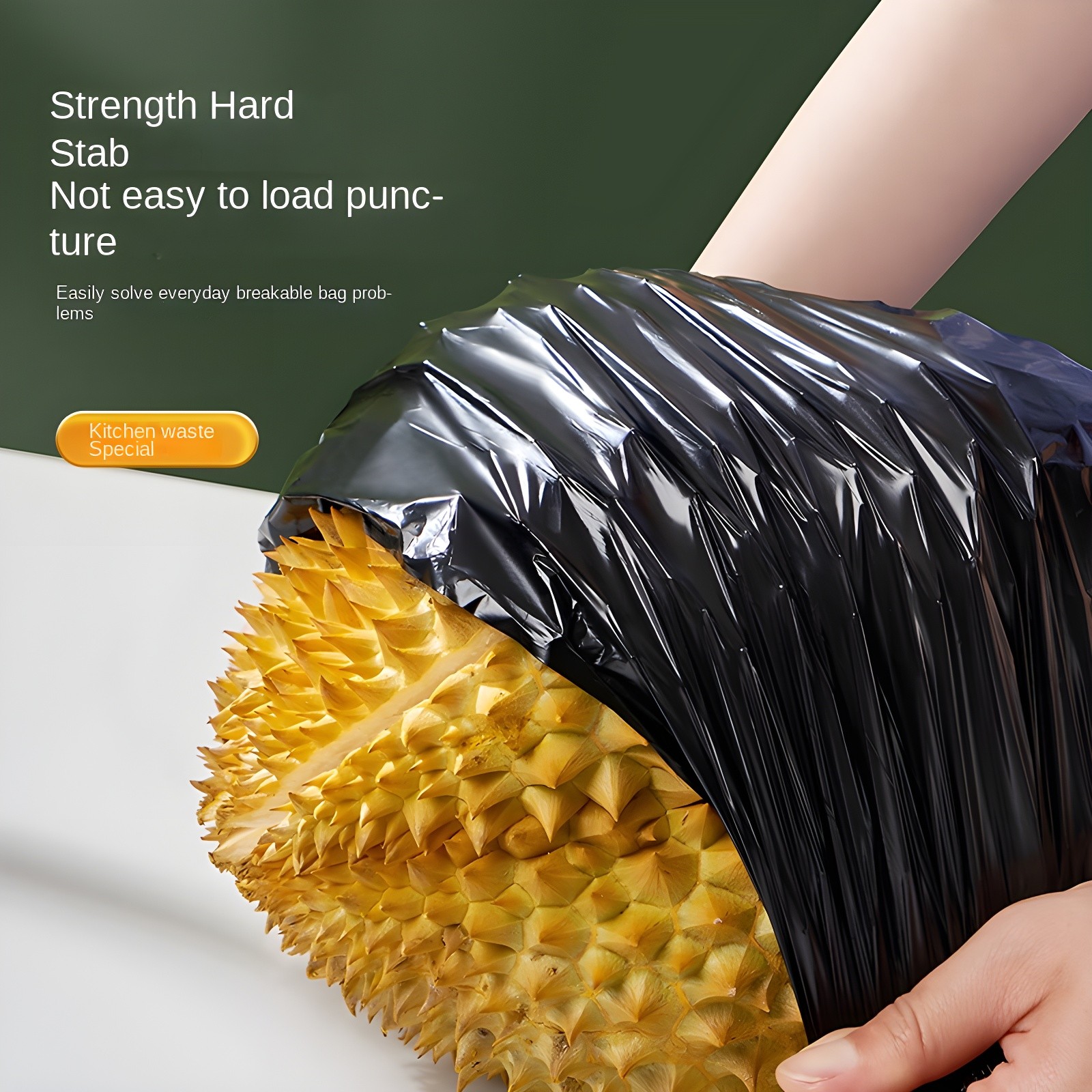 Durian fruit in black garbage bag demonstrating puncture resistance