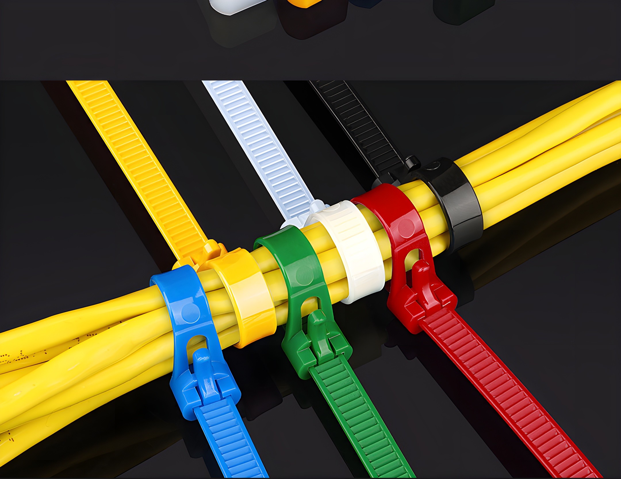 Multi-colored cable ties organizing yellow cables