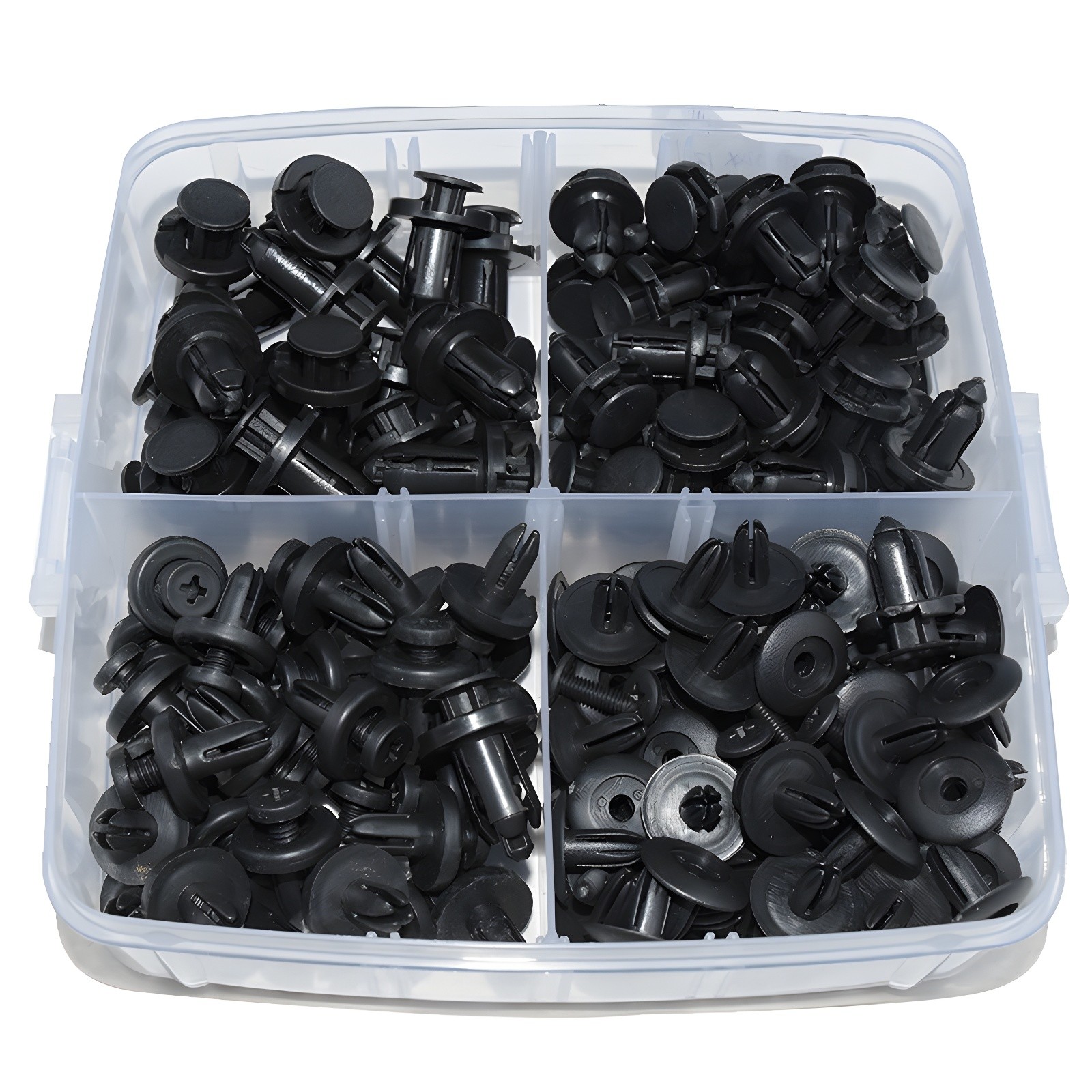 Detailed view of the various clip types sorted in the storage case