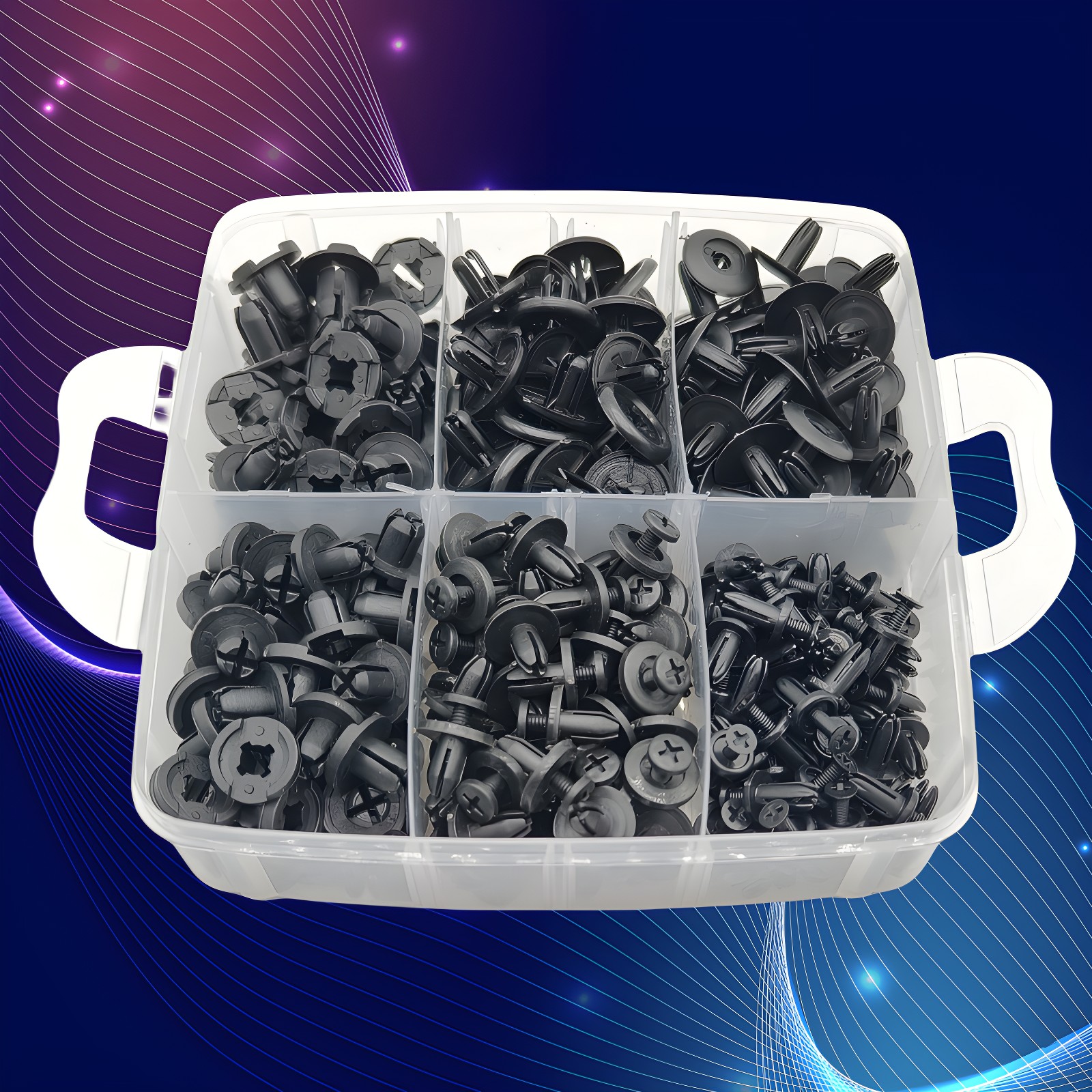 Top view of the 6-compartment storage box filled with various black expansion clips