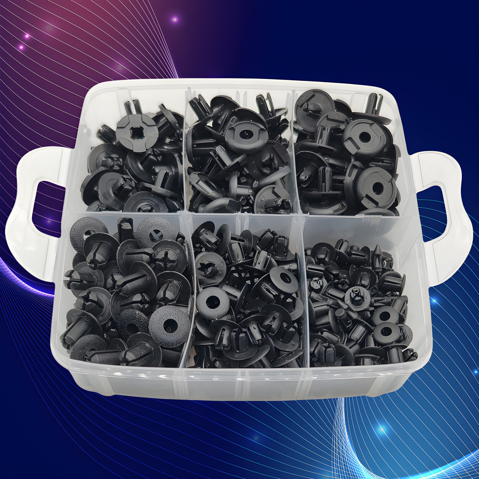 Another top-down view showing different clip types organized in compartments