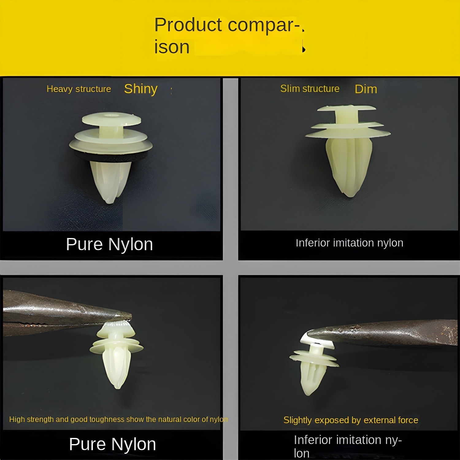 Product comparison chart showing Pure Nylon vs Inferior Imitation Plastic