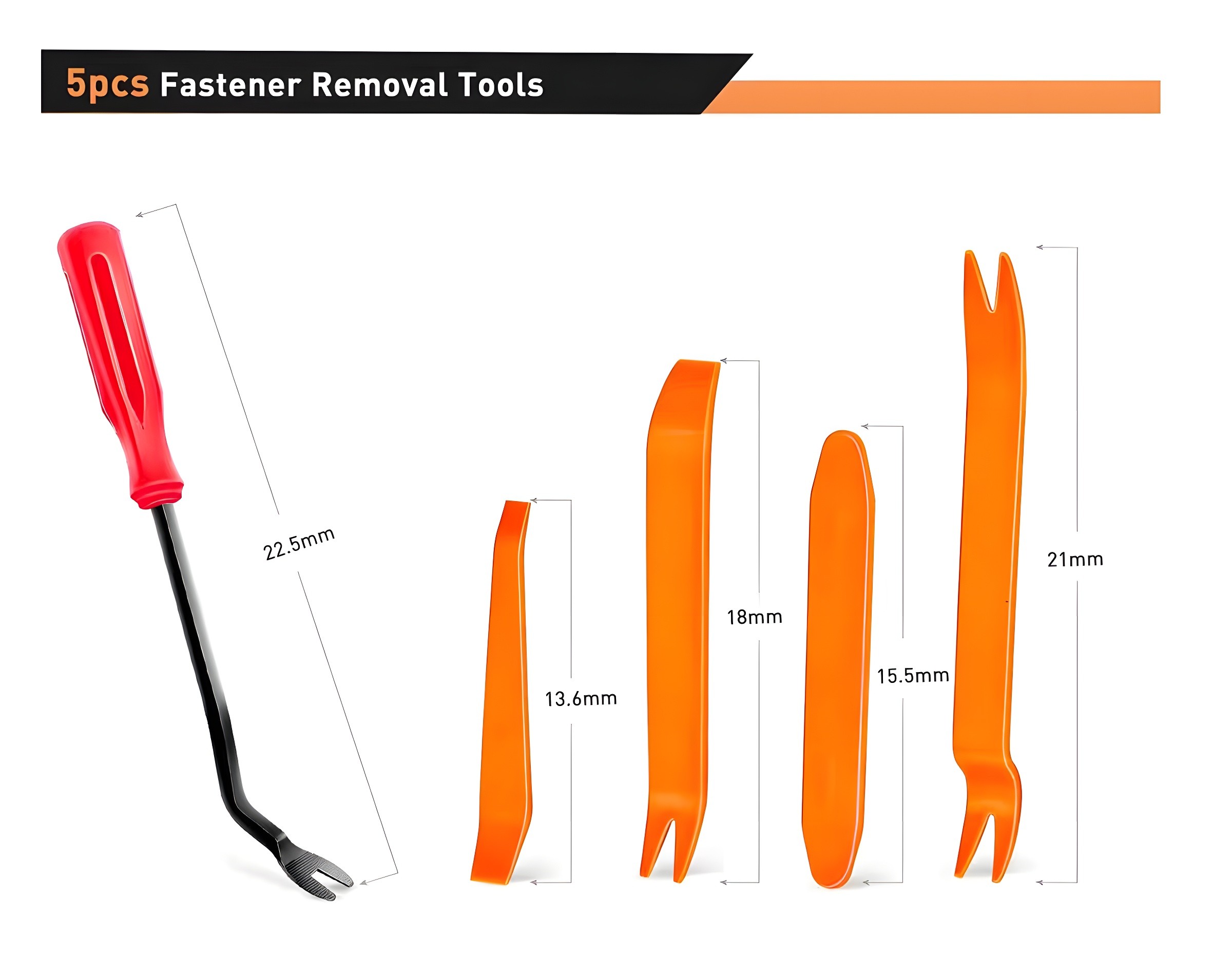 Five orange fastener removal tools with precise measurements
