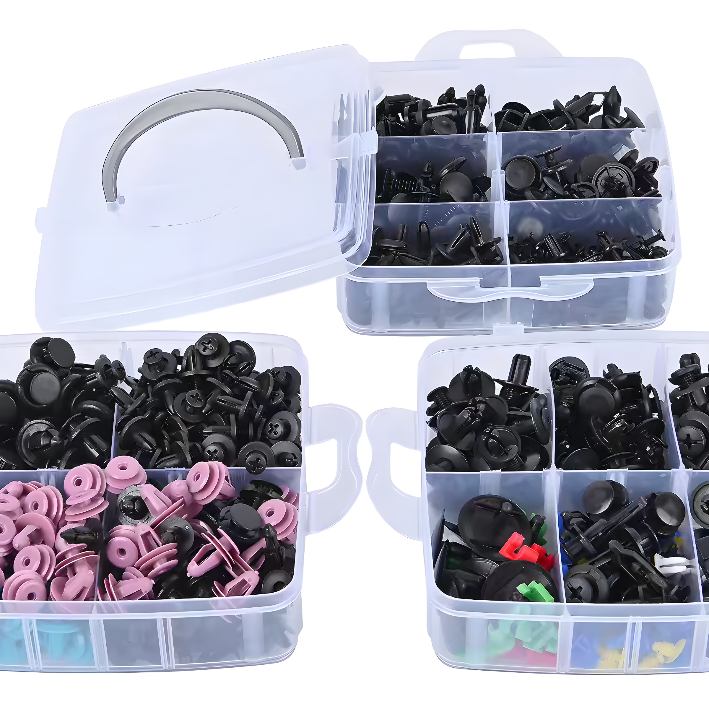 Organized storage cases filled with various colored retainer clips