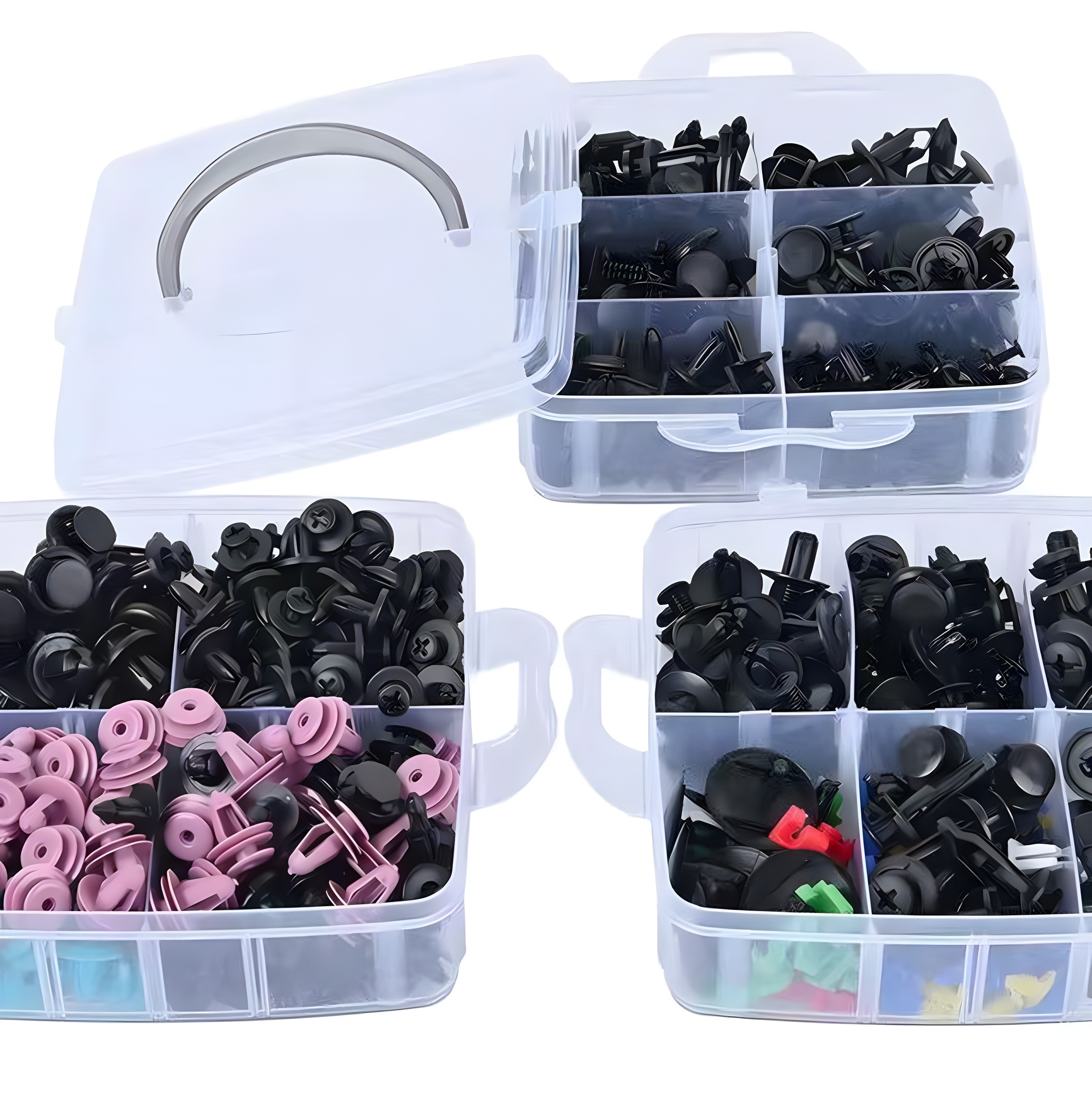 Organized storage case with multiple compartments filled with clips