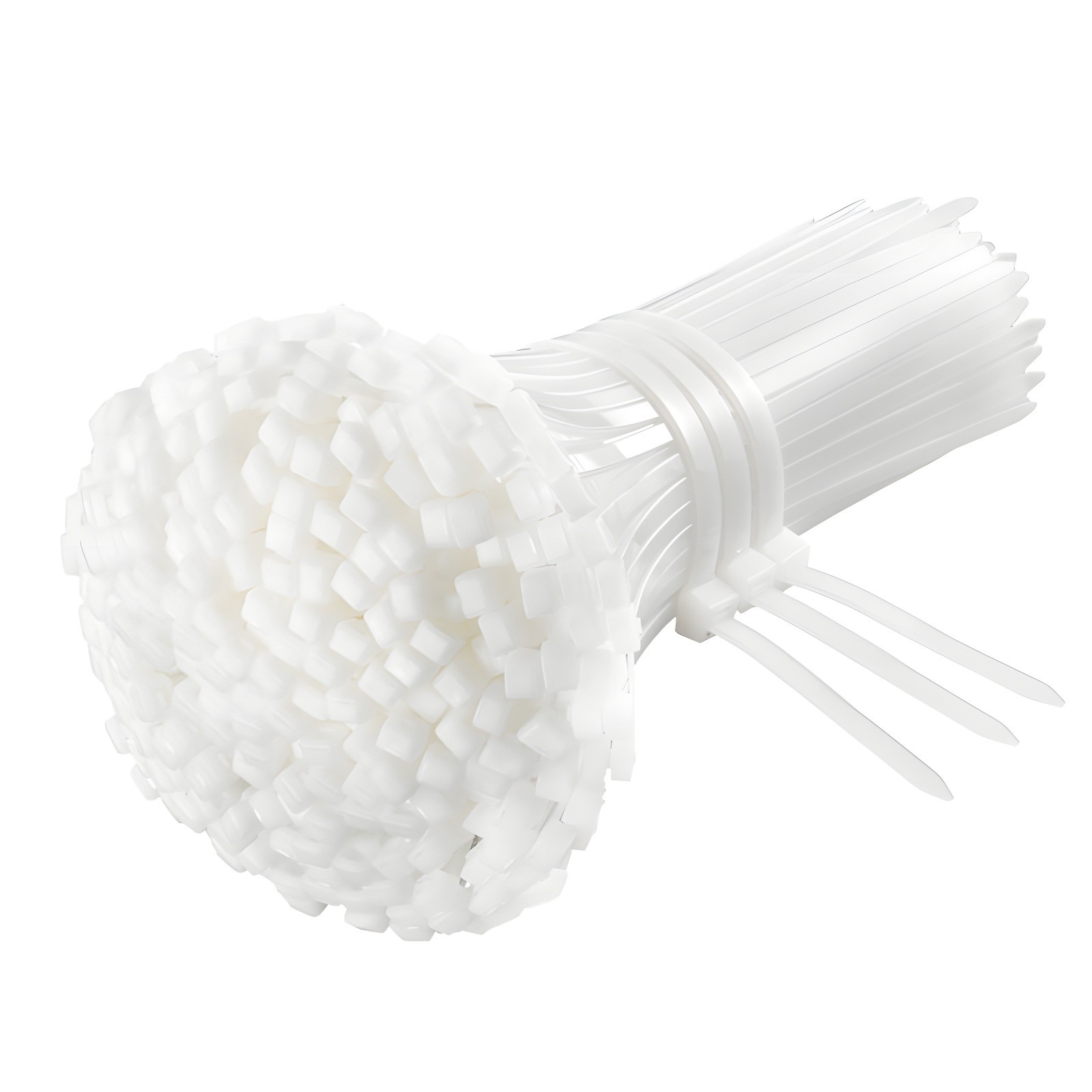 Bundle of white self-locking nylon cable ties