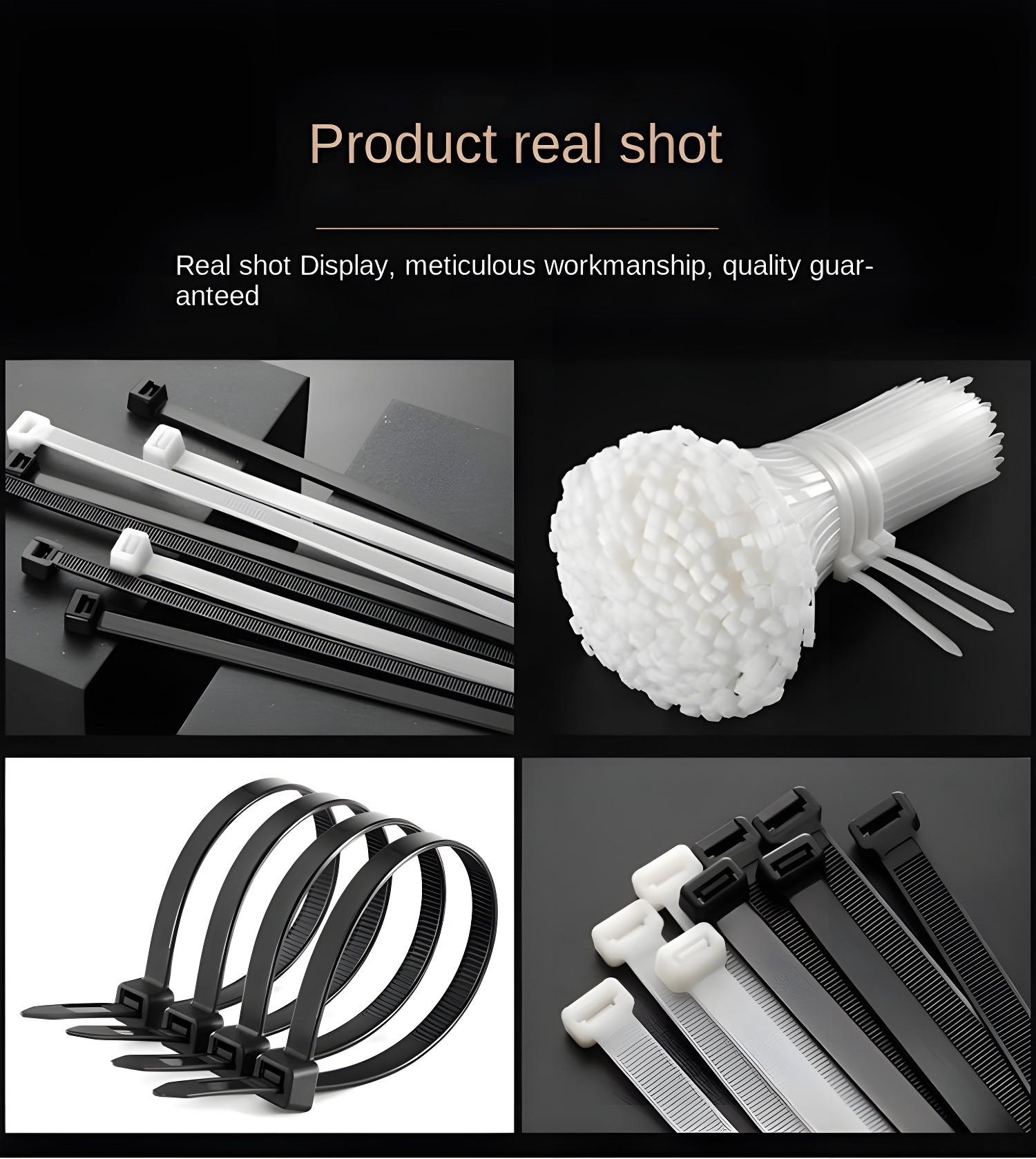 Product real shot showcasing various sizes and colors of cable ties