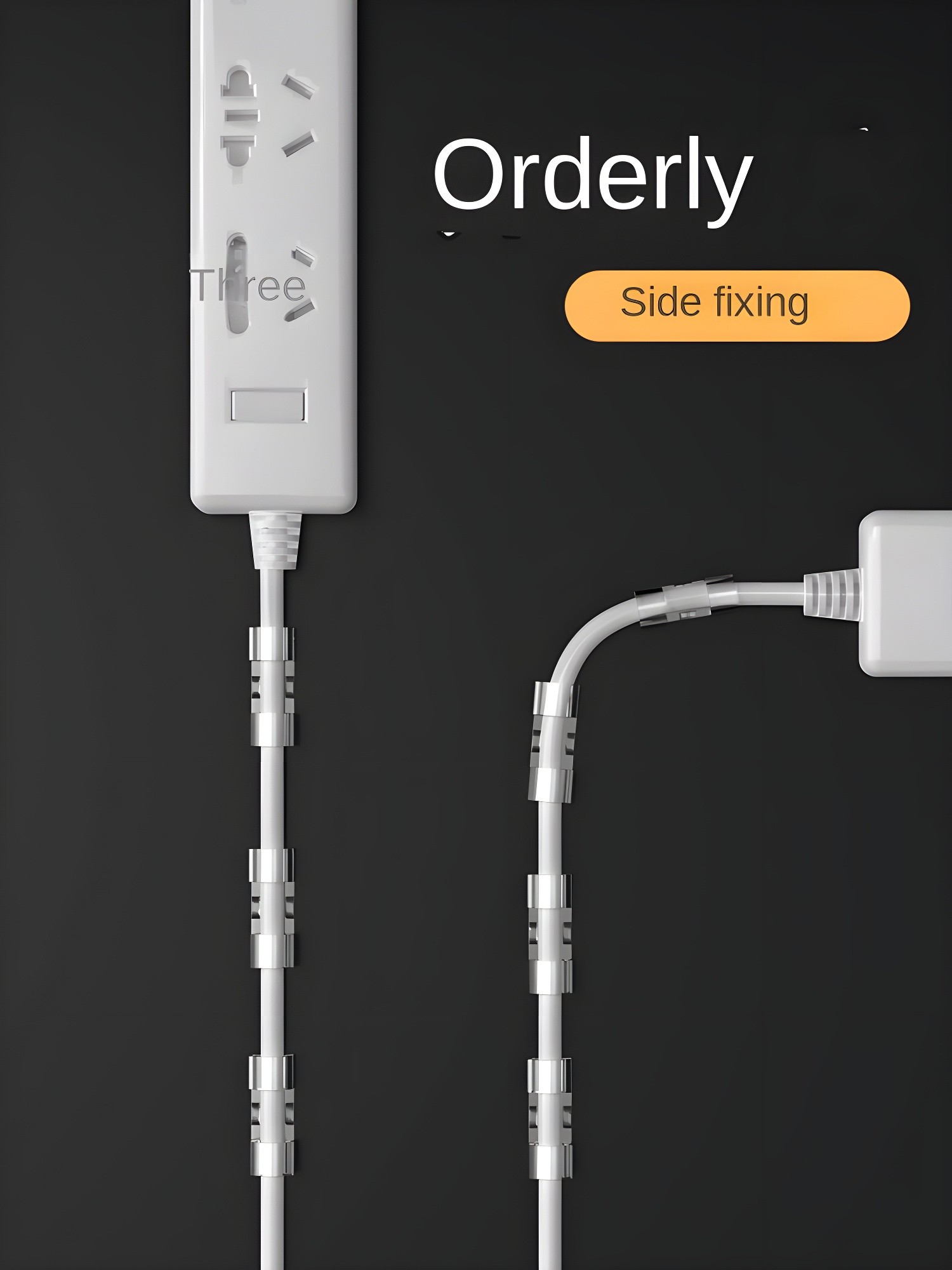 Three black USB cables organized with clear clips on a wooden surface