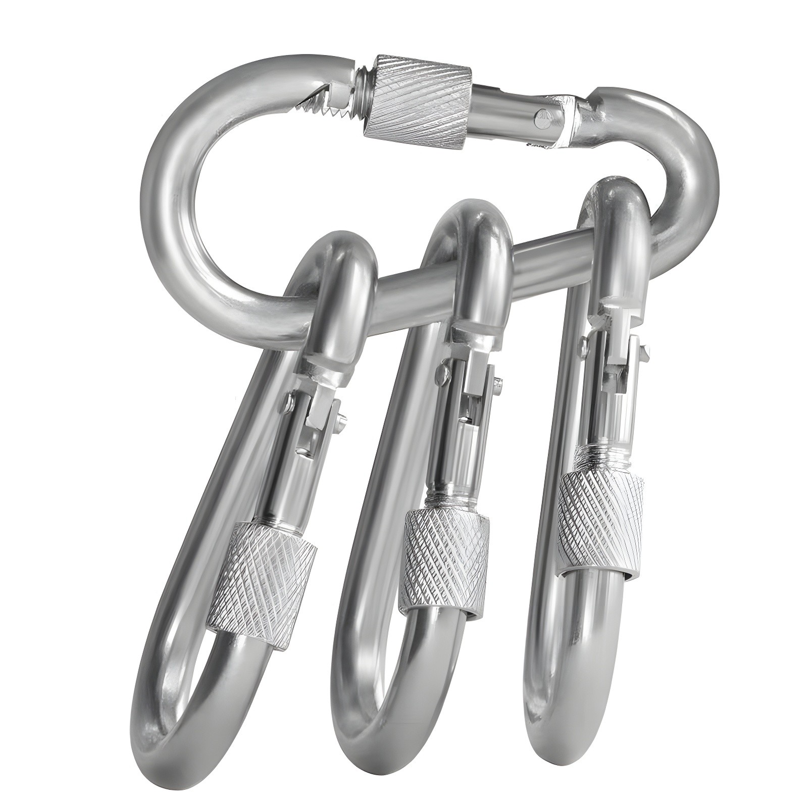 Close-up of three carabiners linked together