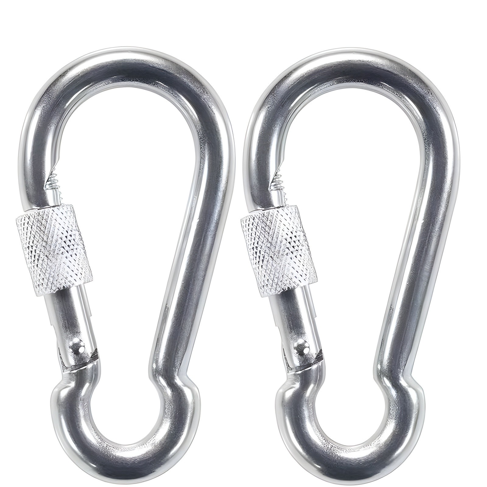 Two carabiners shown front-facing highlighting locking mechanism