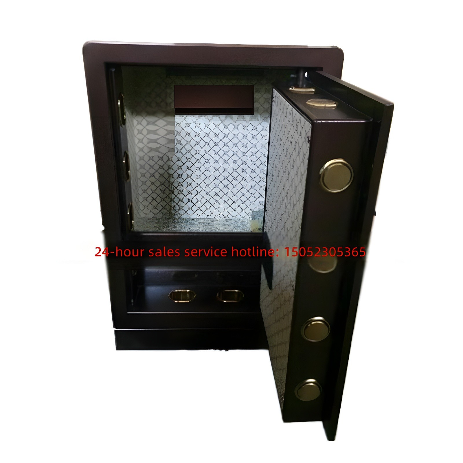Open safe revealing interior with patterned lining, internal shelf, and bolt mechanisms on door edge