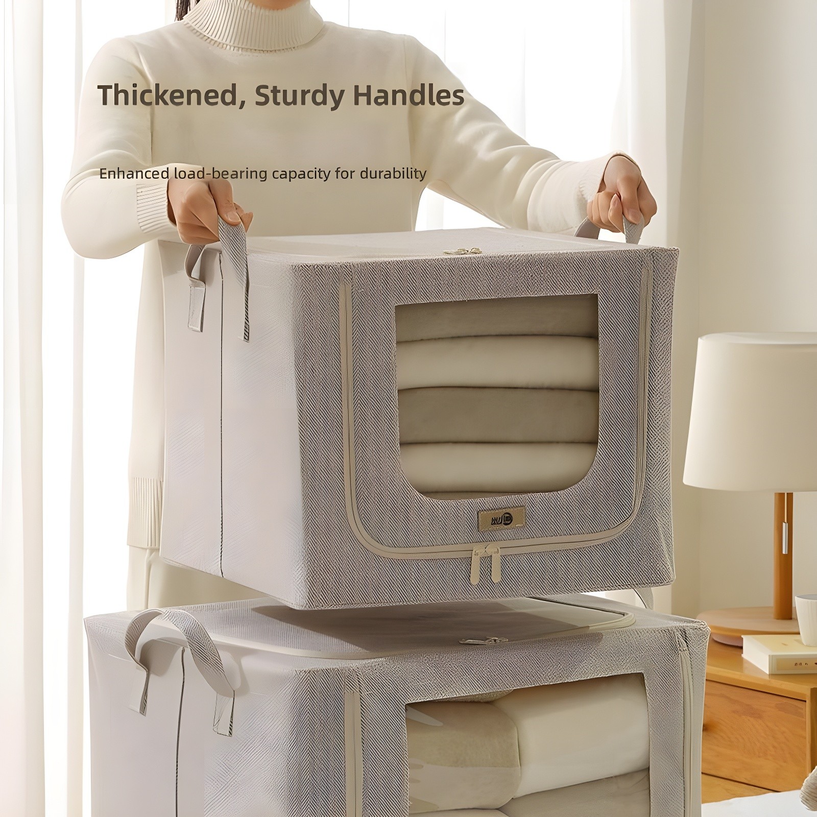 Four fabric storage boxes neatly arranged on wooden shelves, showcasing organization and visibility