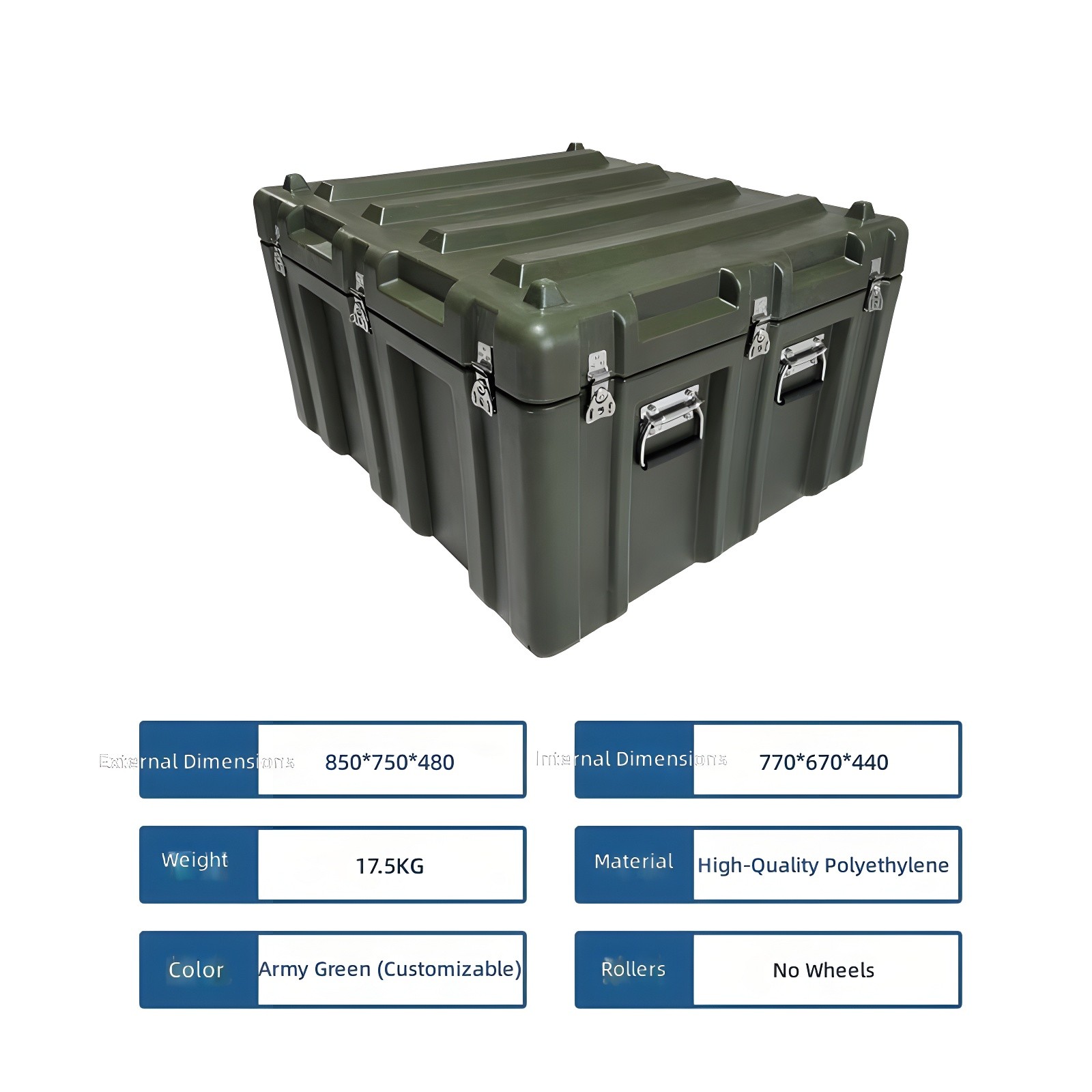 Technical specification panel overlay showing dimensions, weight, material, and features
