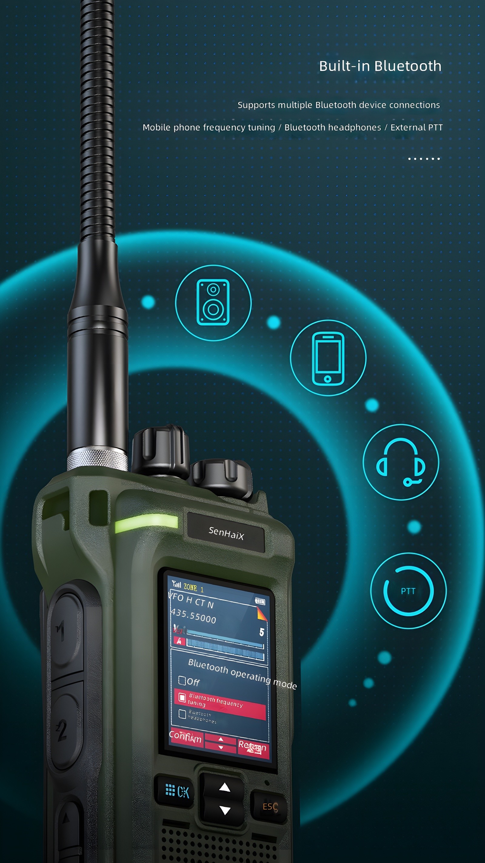 SenHaX CT-12 with built-in Bluetooth connectivity icons and screen UI showing Bluetooth operating mode