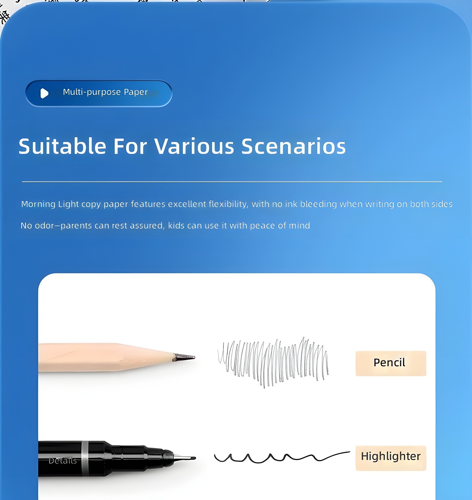 Product feature graphic showing pencil and highlighter compatibility on Dawn Light paper