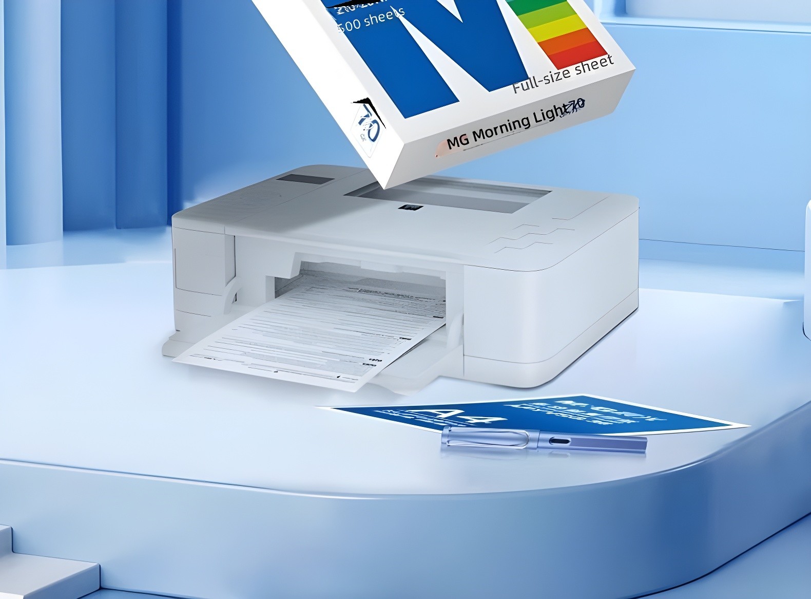 White M&G Dawn Light printer with paper box pouring sheets