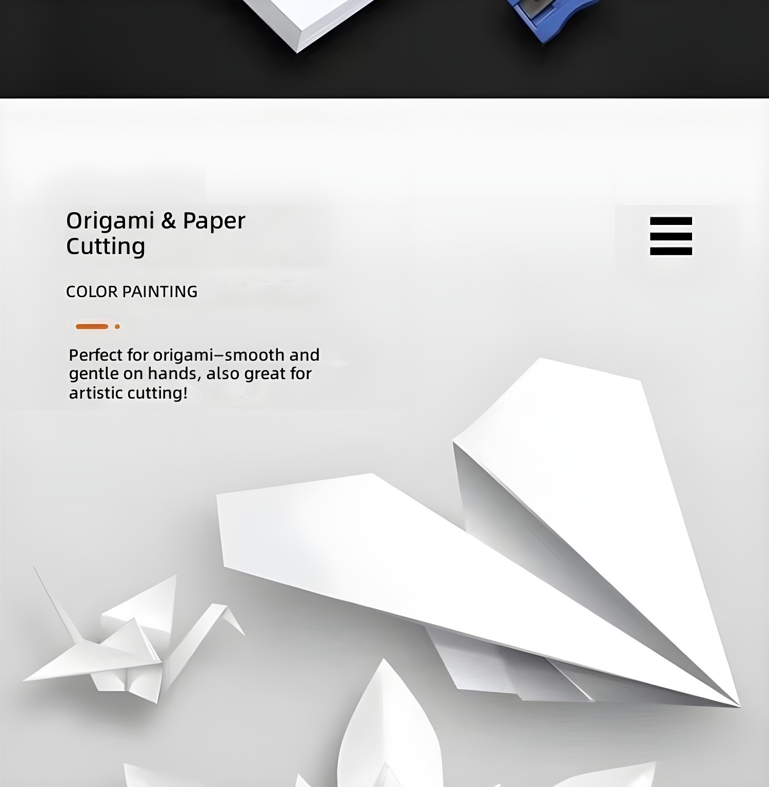Origami cranes and paper airplane on smooth white paper surface