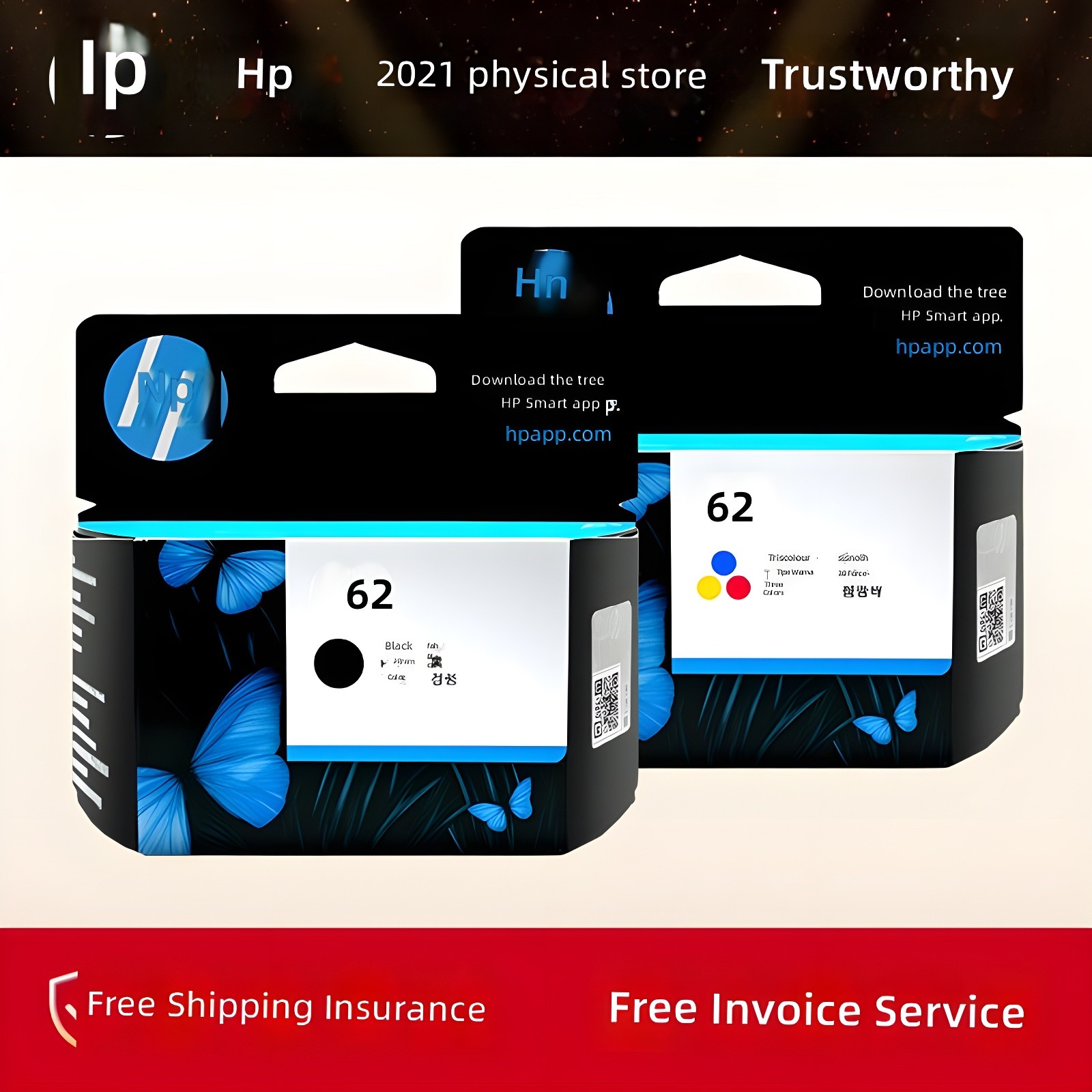 HP 62 Cartridge Packaging with QR Code and Multilingual Labels