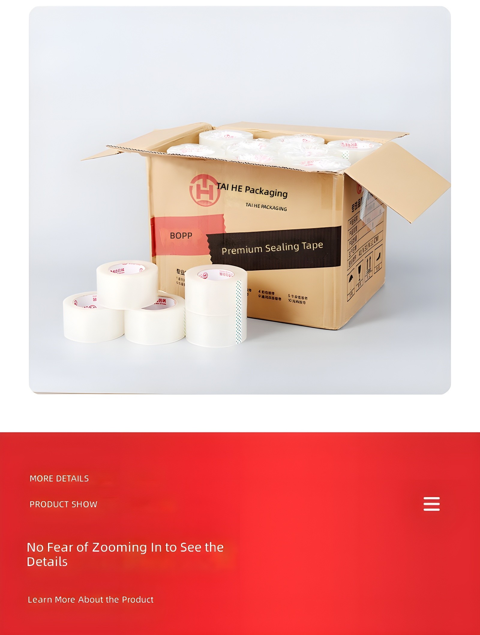 Product showcase with open carton and foreground rolls, plus red banner section below with text: 'No Fear of Zooming In to See the Details'