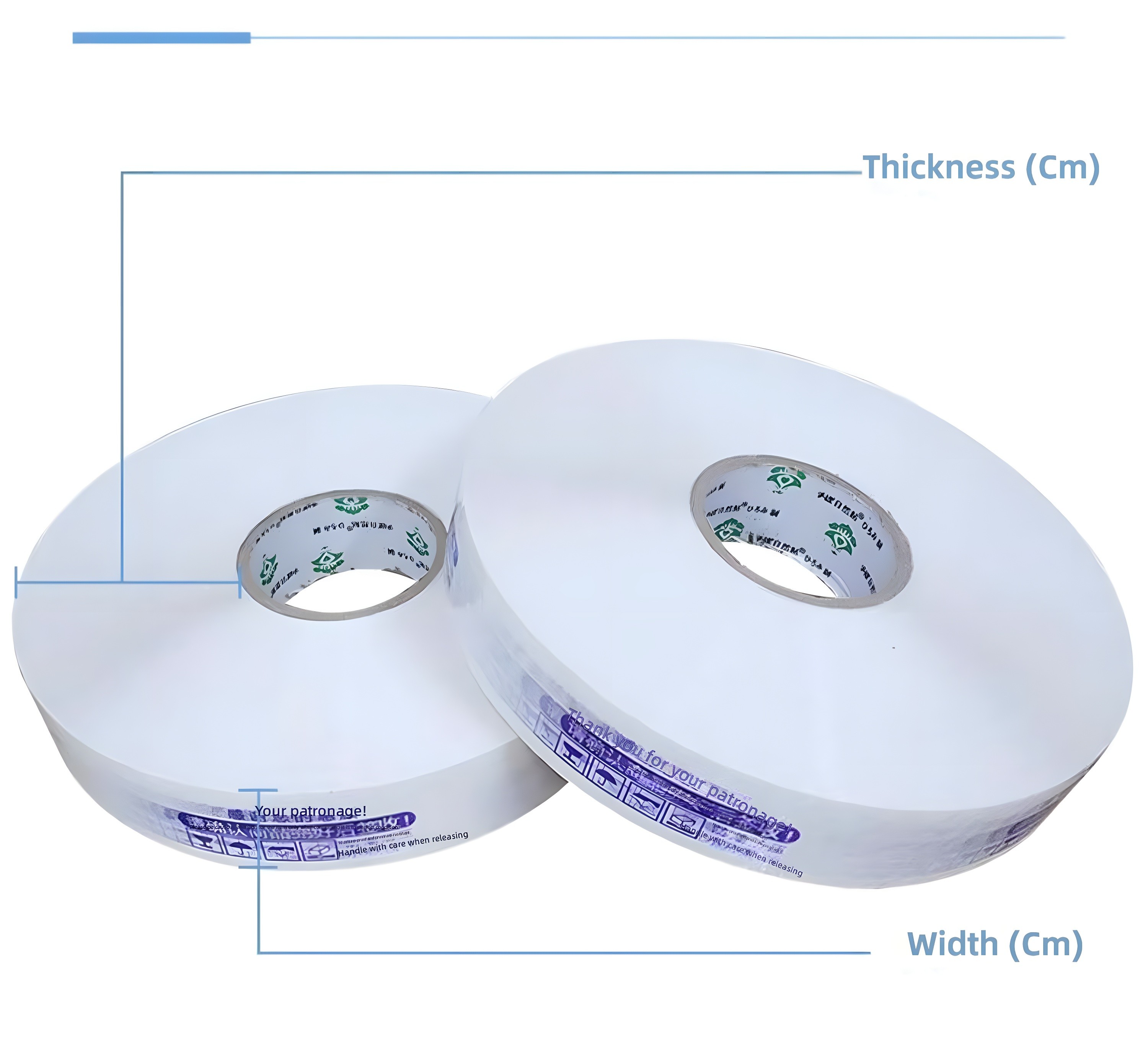 Dimensional labeling diagram showing Thickness (cm) and Width (cm) on two jumbo tape rolls