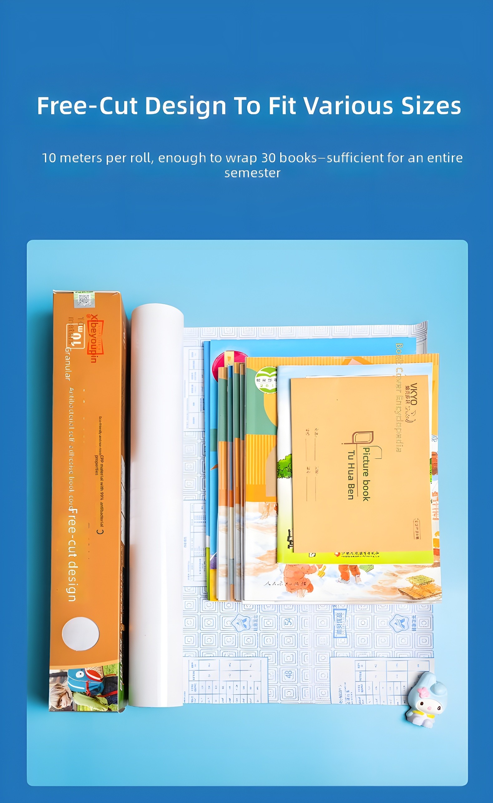 Free-Cut Design To Fit Various Sizes — 10 meters per roll, enough to wrap 30 books