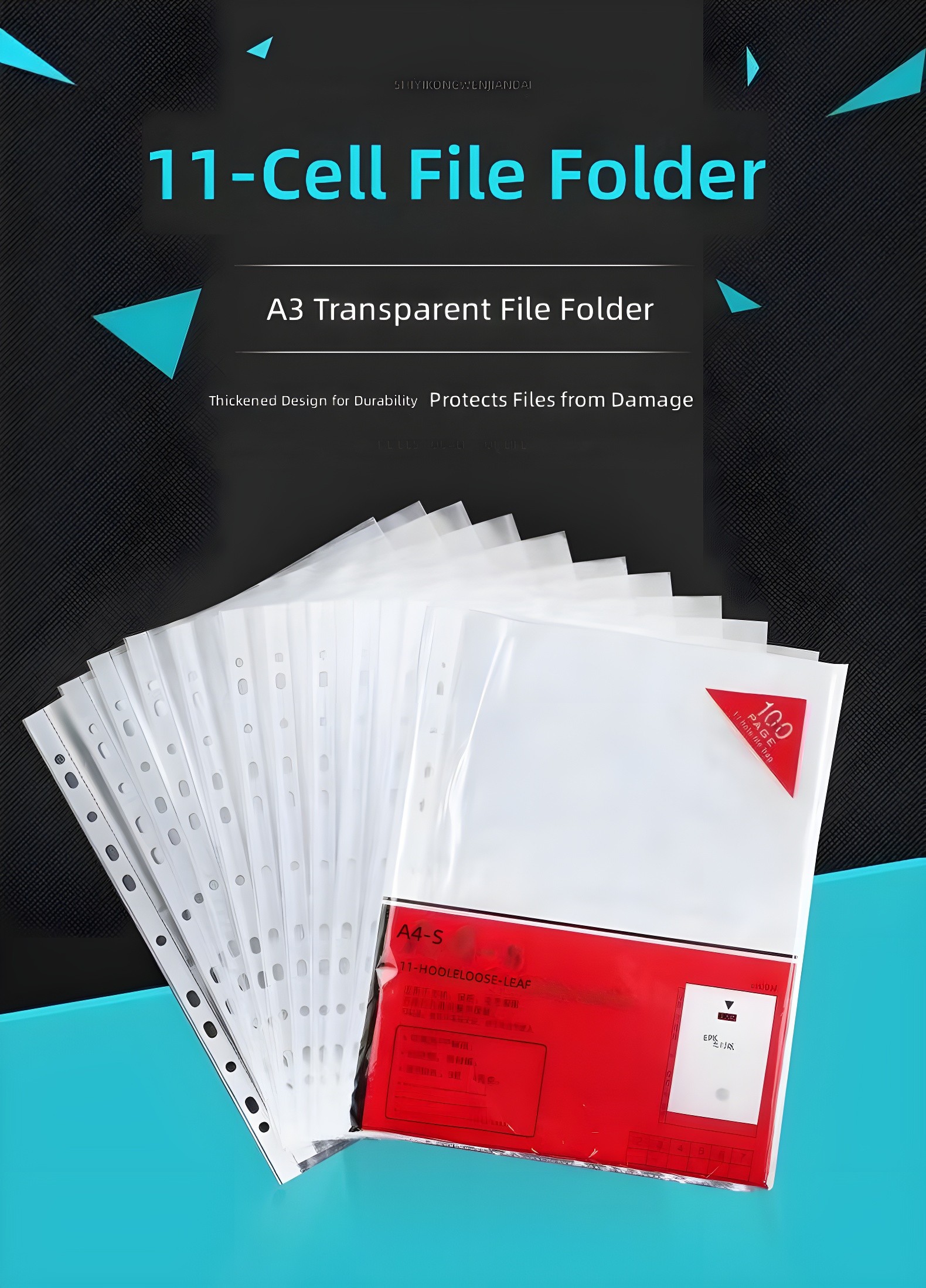 A3 transparent file folder with red label packaging, showcasing '11-HOLE LOOSE-LEAF' and '100 PAGE' specification