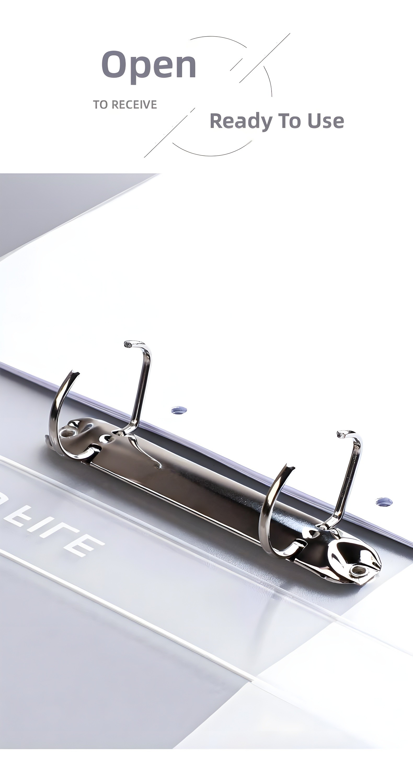 Side view of the open 2-ring mechanism on a translucent folder, emphasizing sleek metal hardware and clean lines