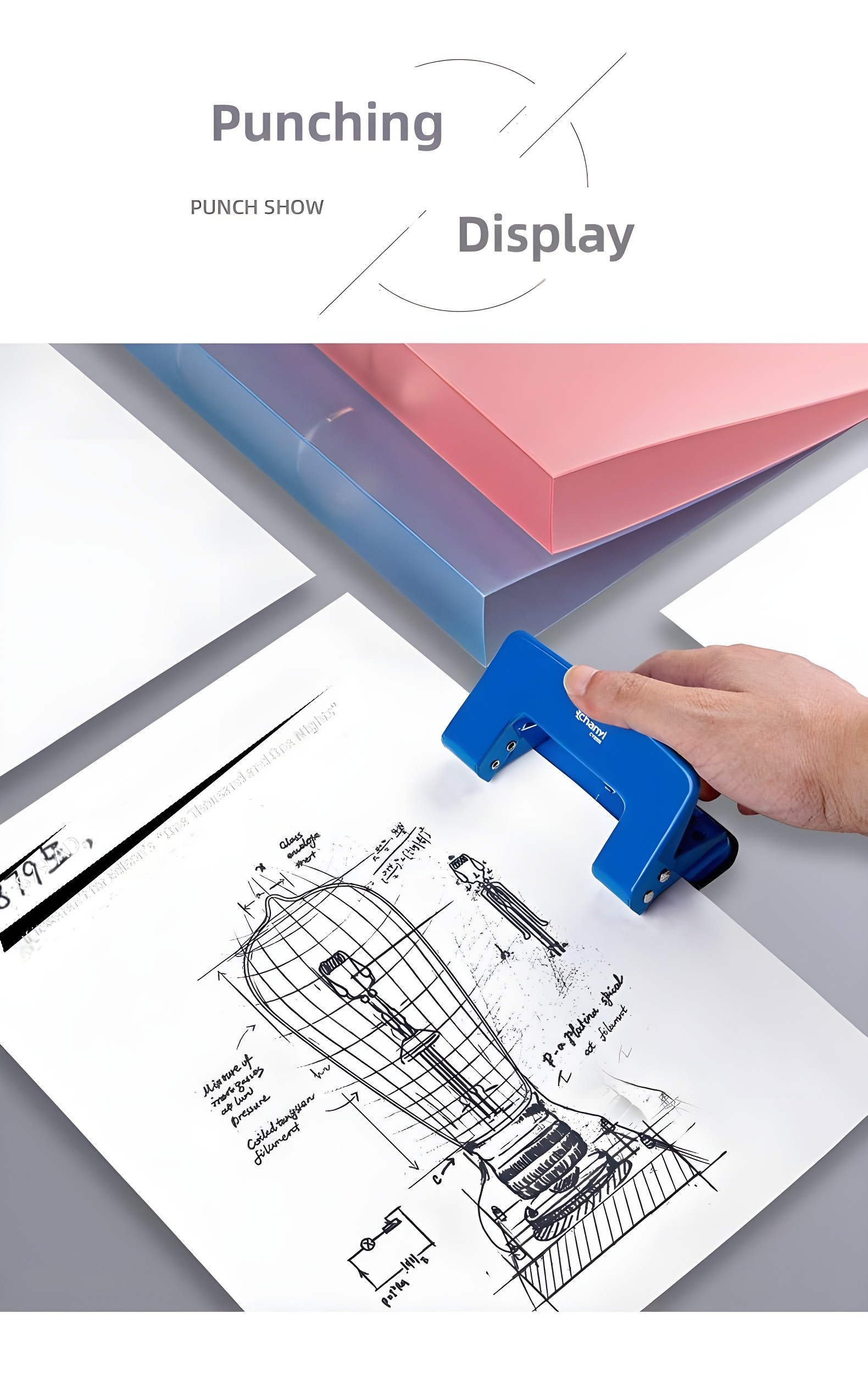 Hand using a blue hole punch on a technical drawing, with colorful folders in the background—illustrating the 'Punching Display' feature
