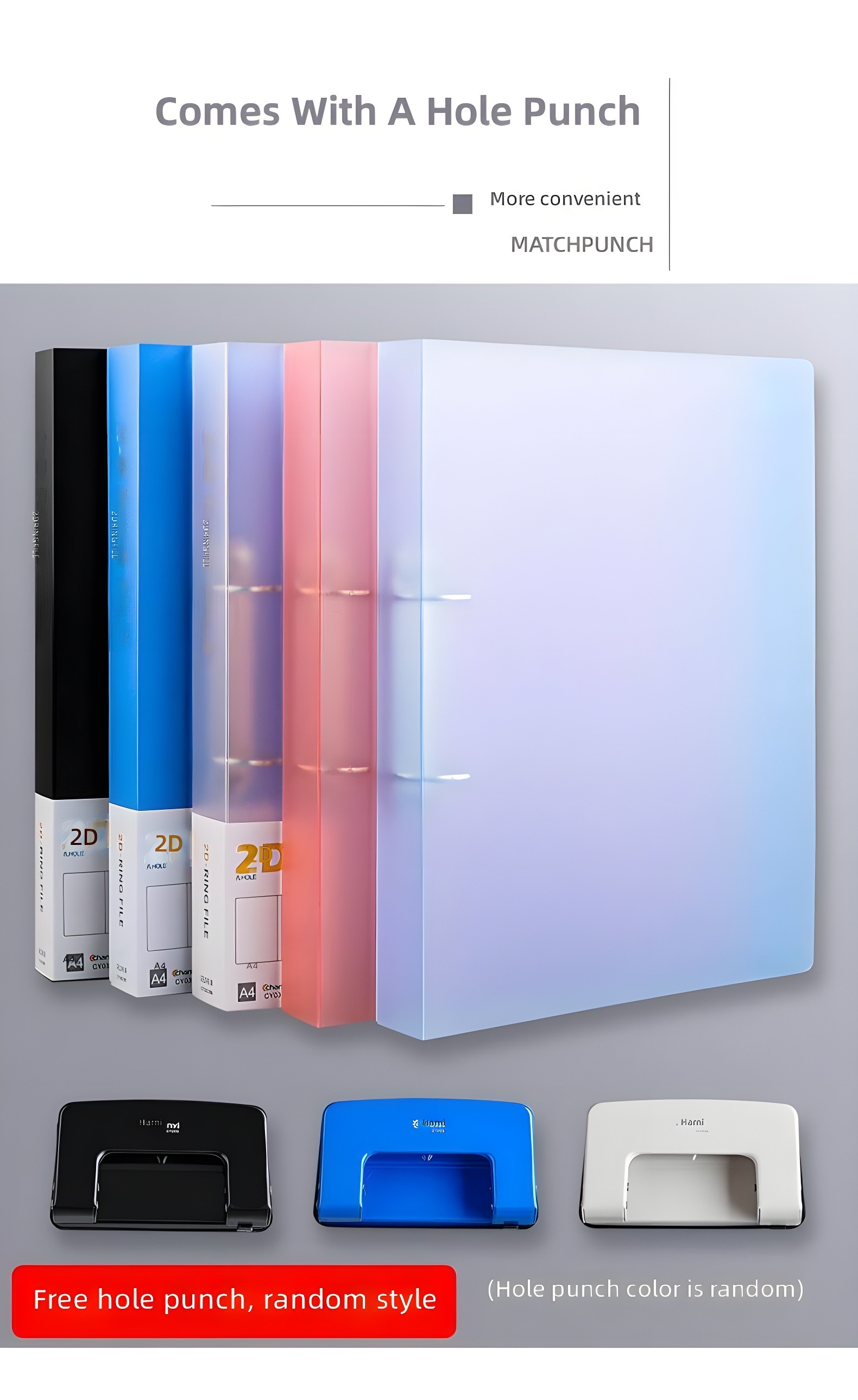 Row of five colorful A4 2-ring folders (black, blue, clear, pink, gradient) with three hole punches below—highlighting 'Comes With A Hole Punch' and 'Free hole punch, random style'