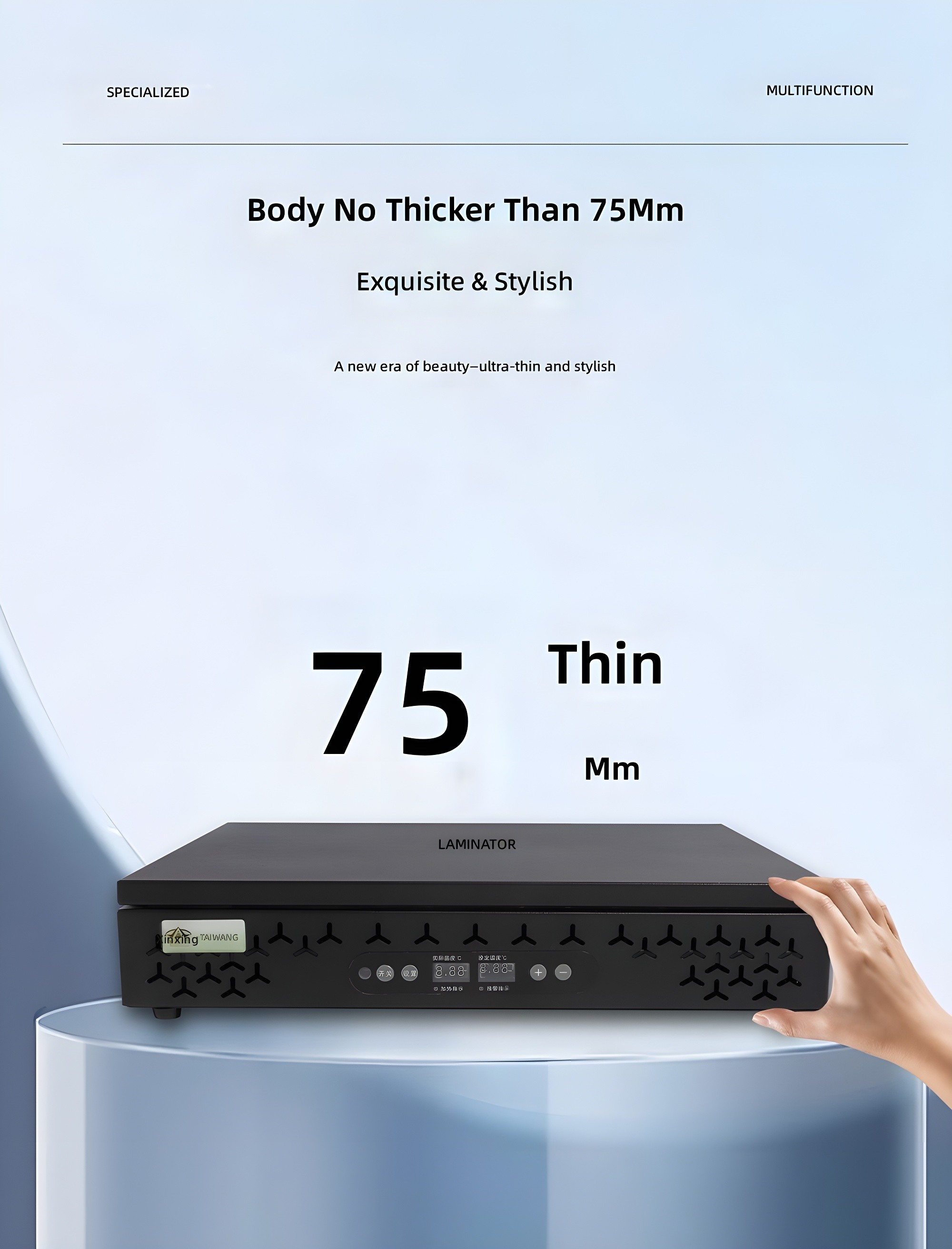 Ultra-thin 75mm body profile with hand demonstrating slimness