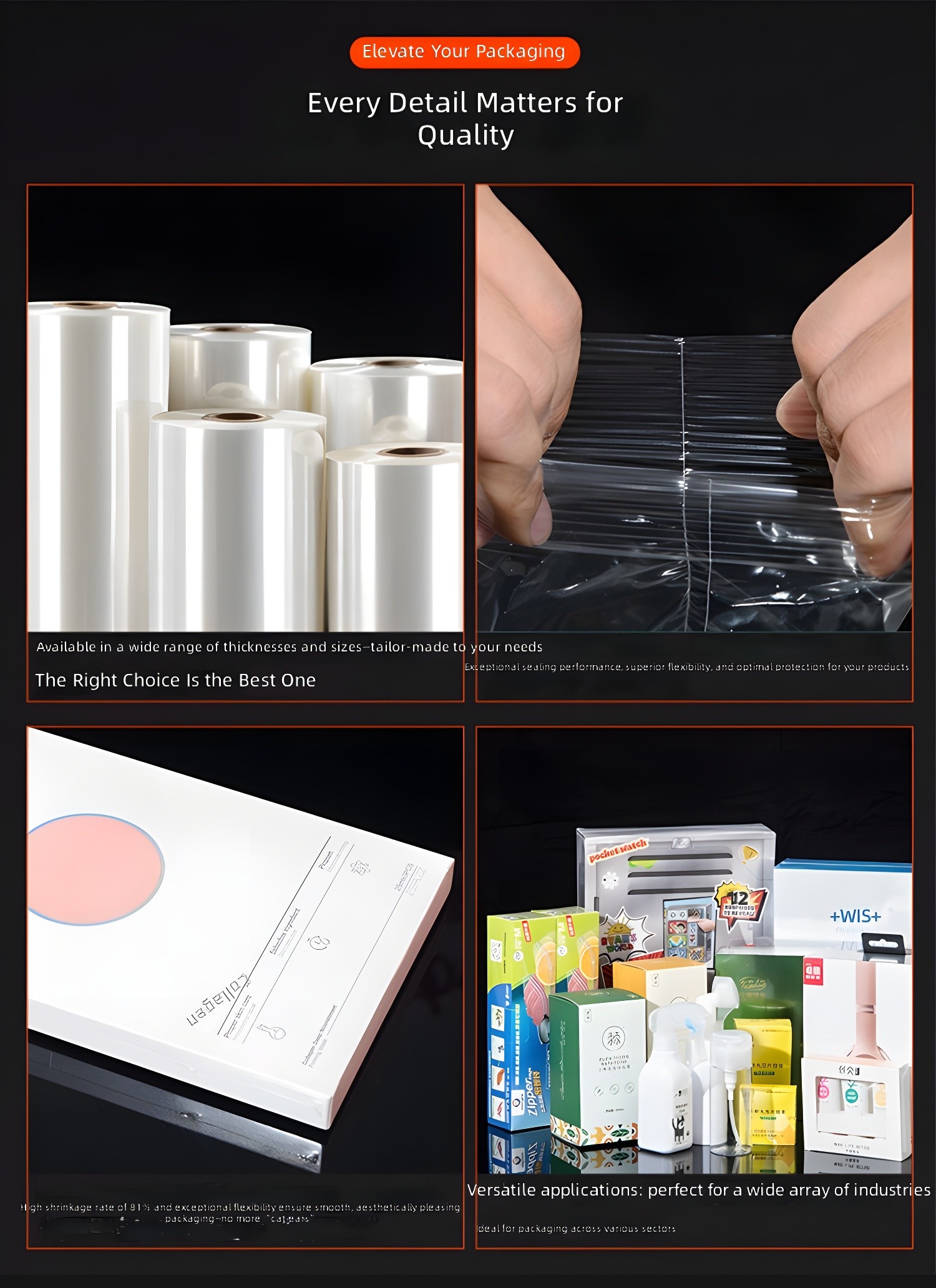 Elevate Your Packaging: Four-panel showcase of POF film applications—rolls, stretch test, premium box design, and diverse product packaging