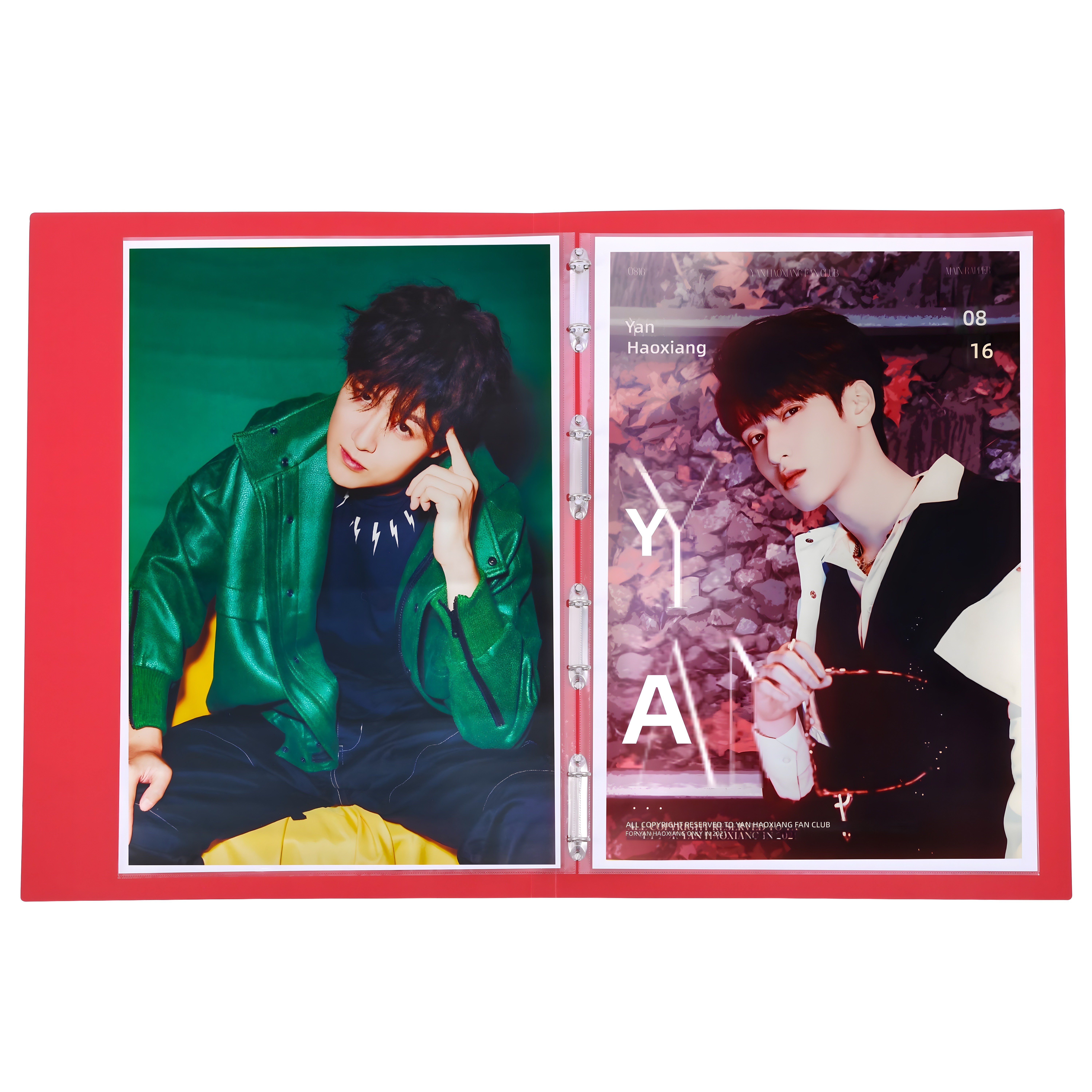 Black cover album open with monochrome fan-club themed spread — 'Yan Haoxiang' branding visible