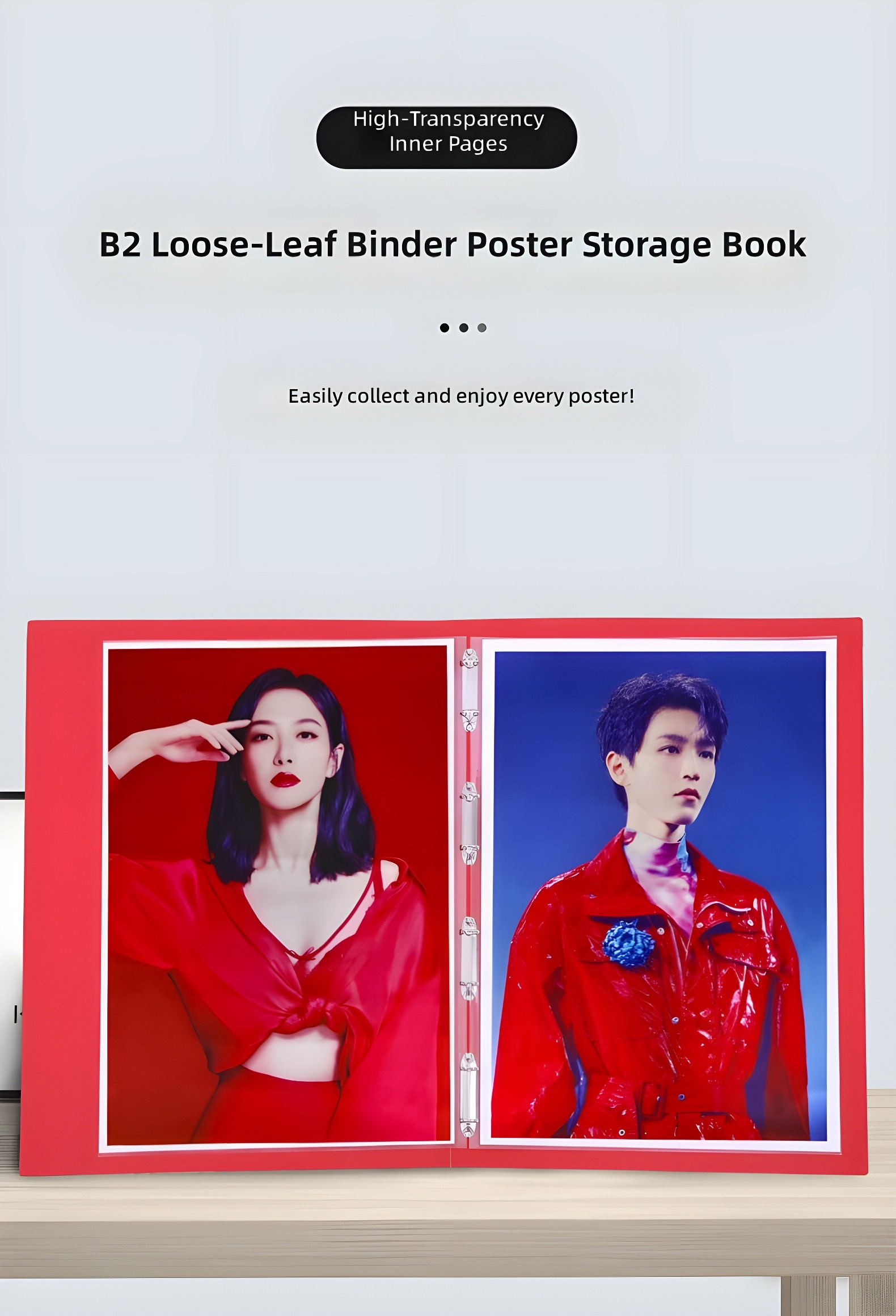High-Transparency Inner Pages — Red cover, vibrant color portraits with clear page visibility