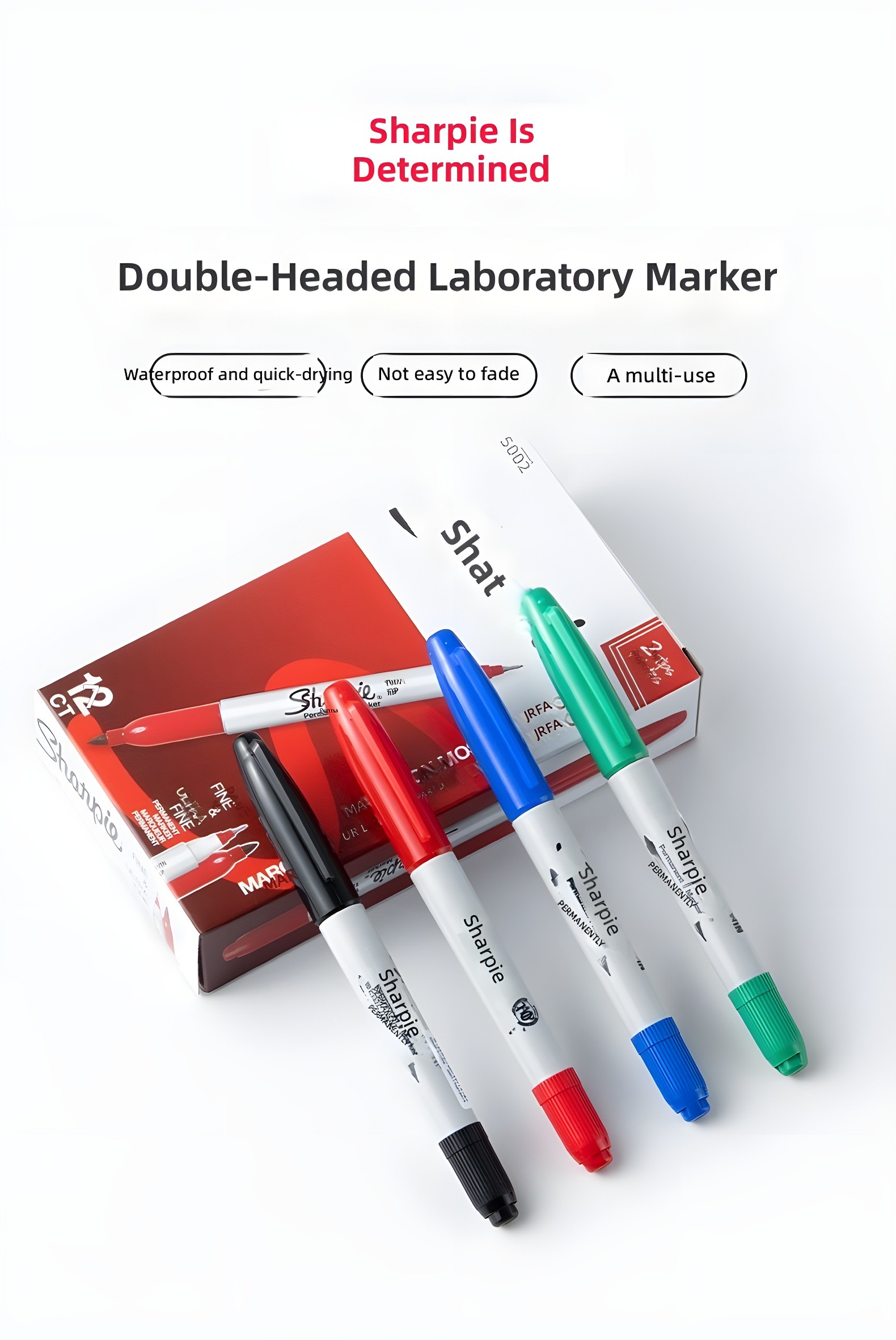 Sharpie Double-Headed Laboratory Marker product shot with red, blue, green, and black markers and packaging