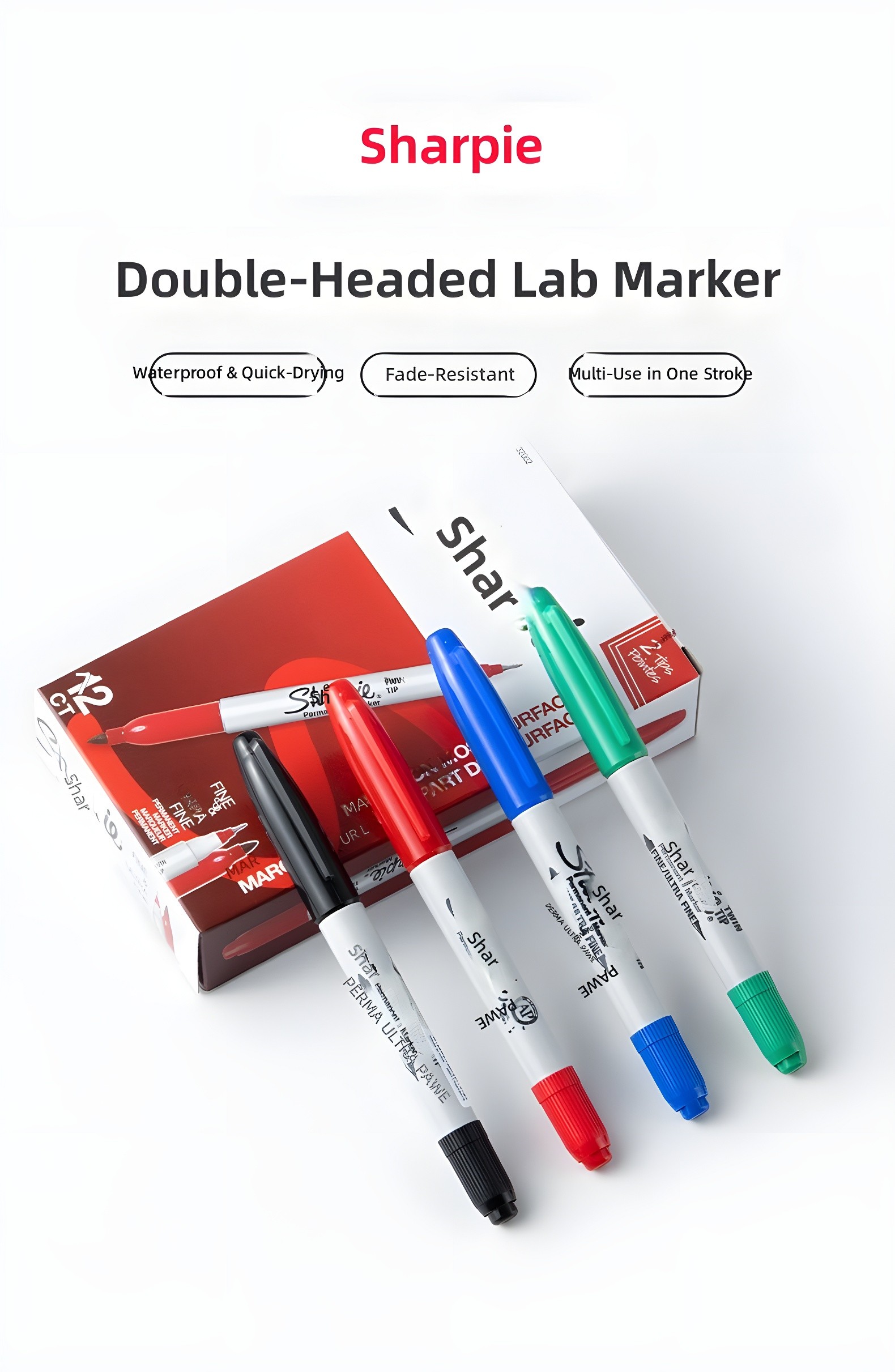 Sharpie Double-Headed Lab Marker product shot with red, blue, green, and black markers and packaging (alternate angle)
