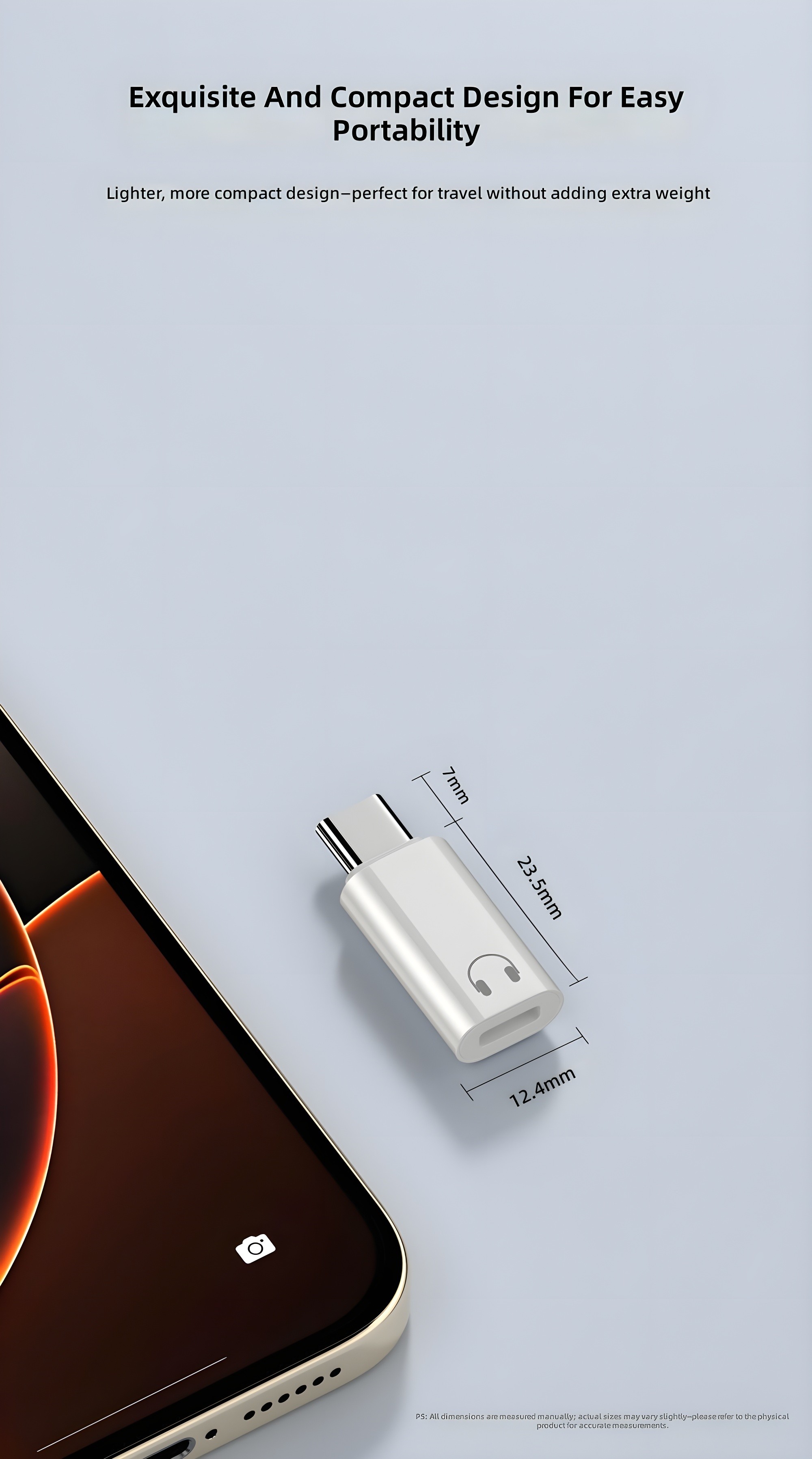 Compact dimensions of the adapter: 23.5mm x 12.4mm x 7mm