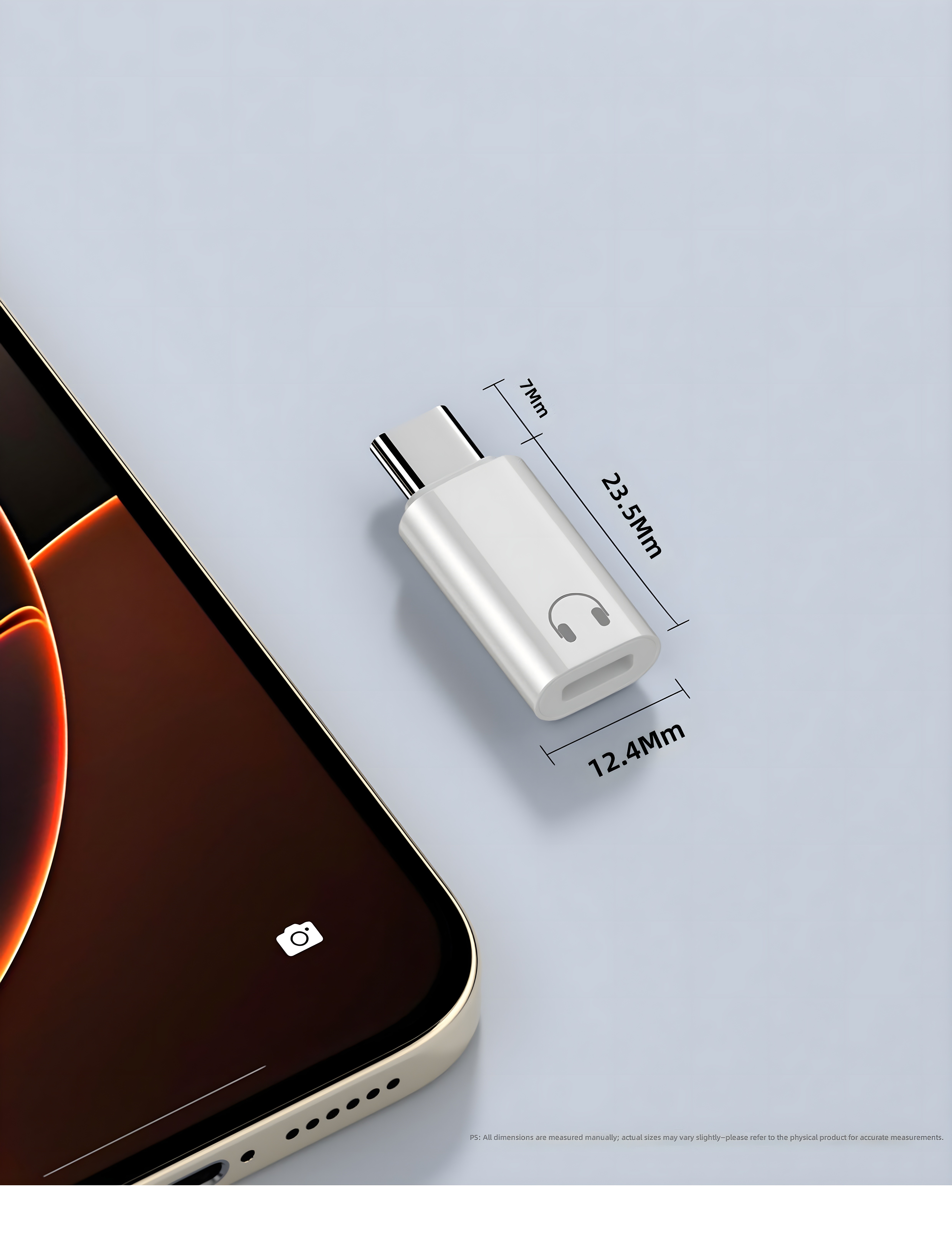 Adapter dimensions close-up with iPhone corner