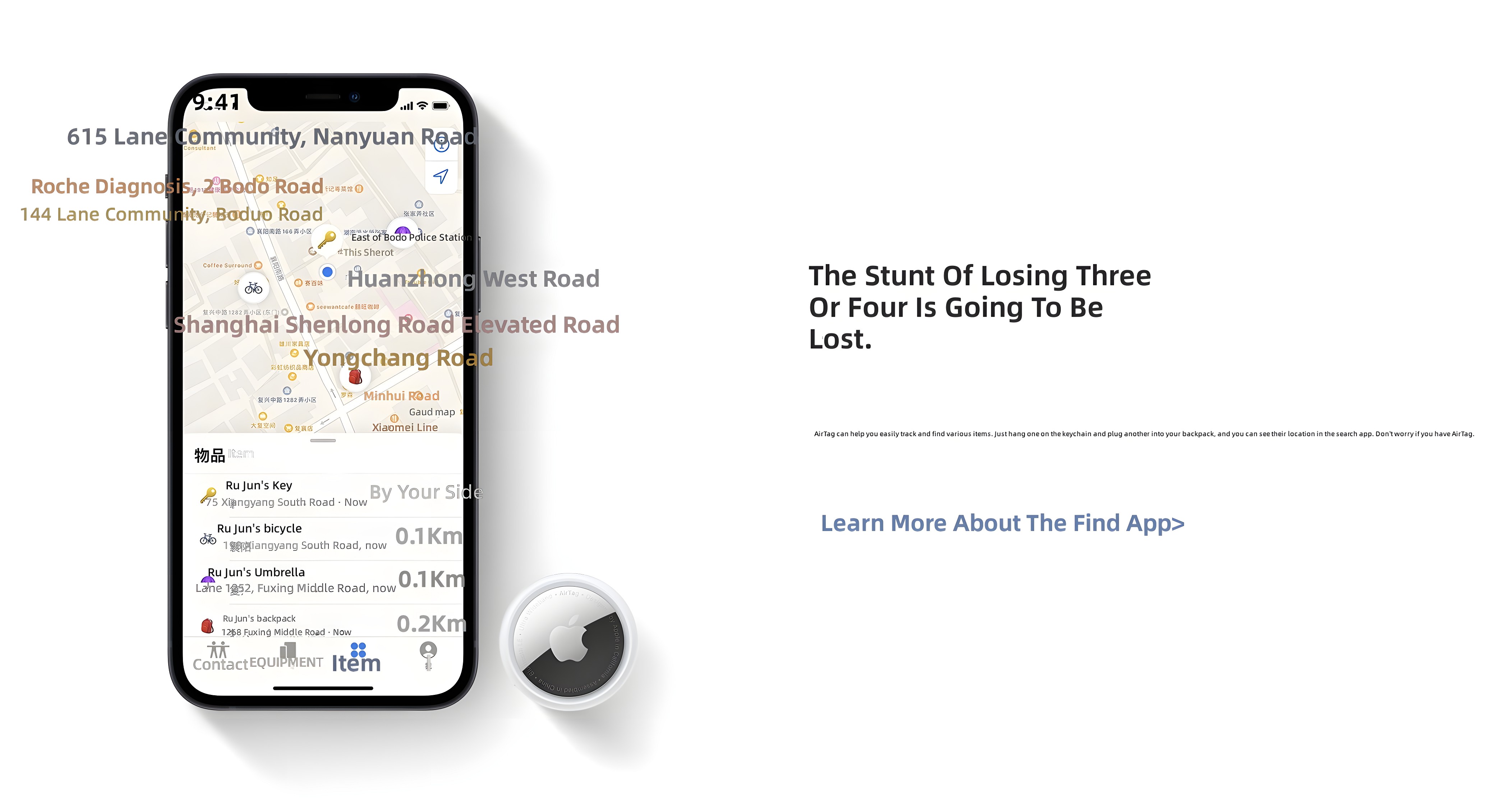 iPhone Find My app interface showing tracked items and map view