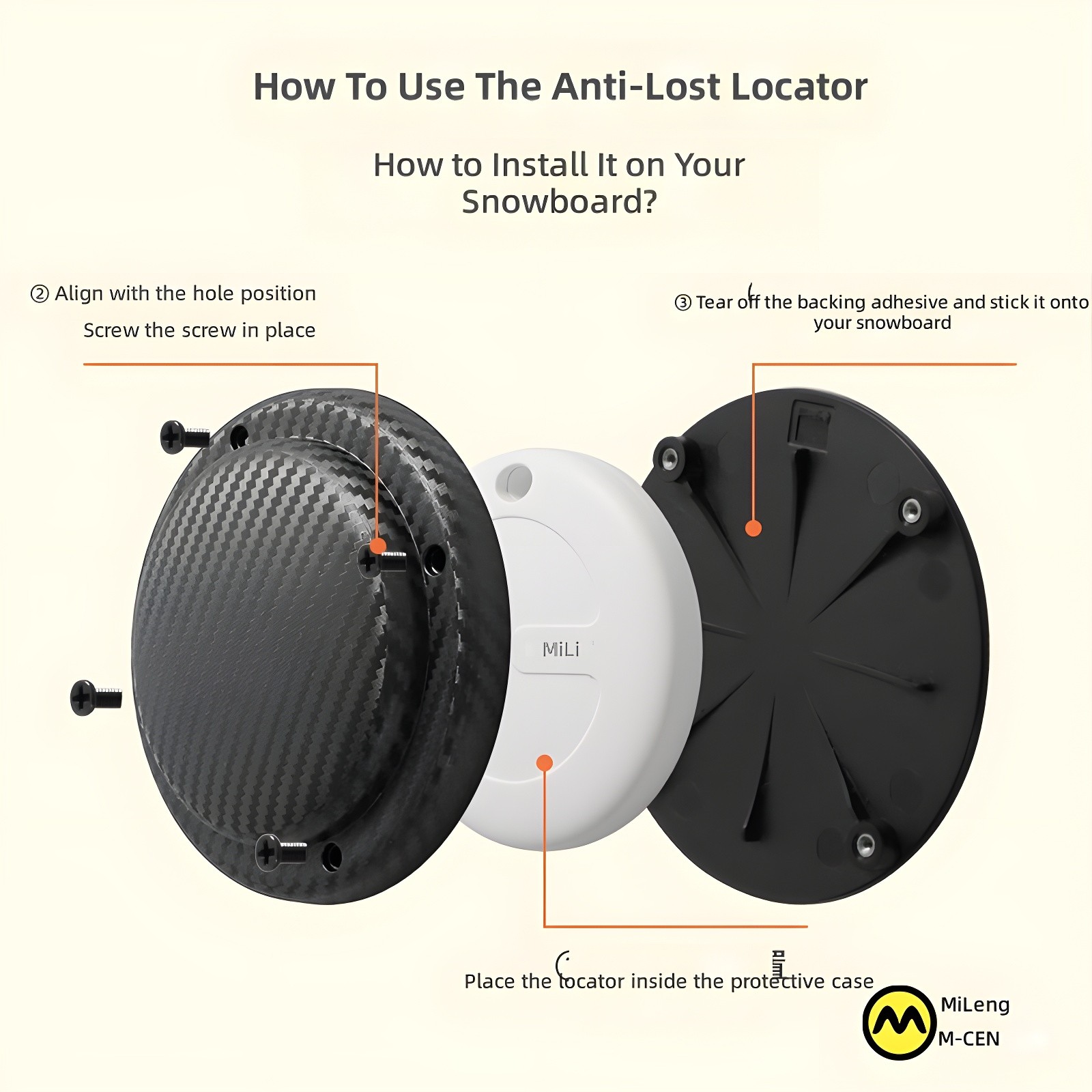 Step-by-step installation guide for MILI Anti-Lost Locator on snowboard