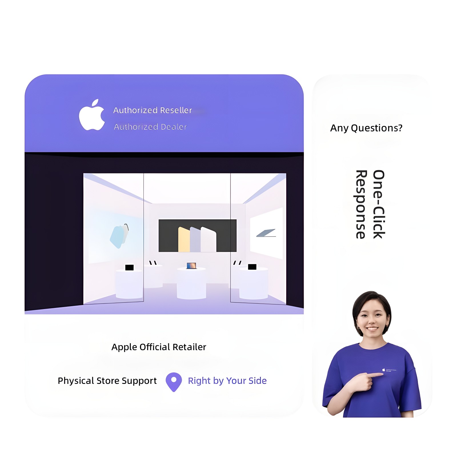Apple Authorized Reseller interface with support avatar and store visualization