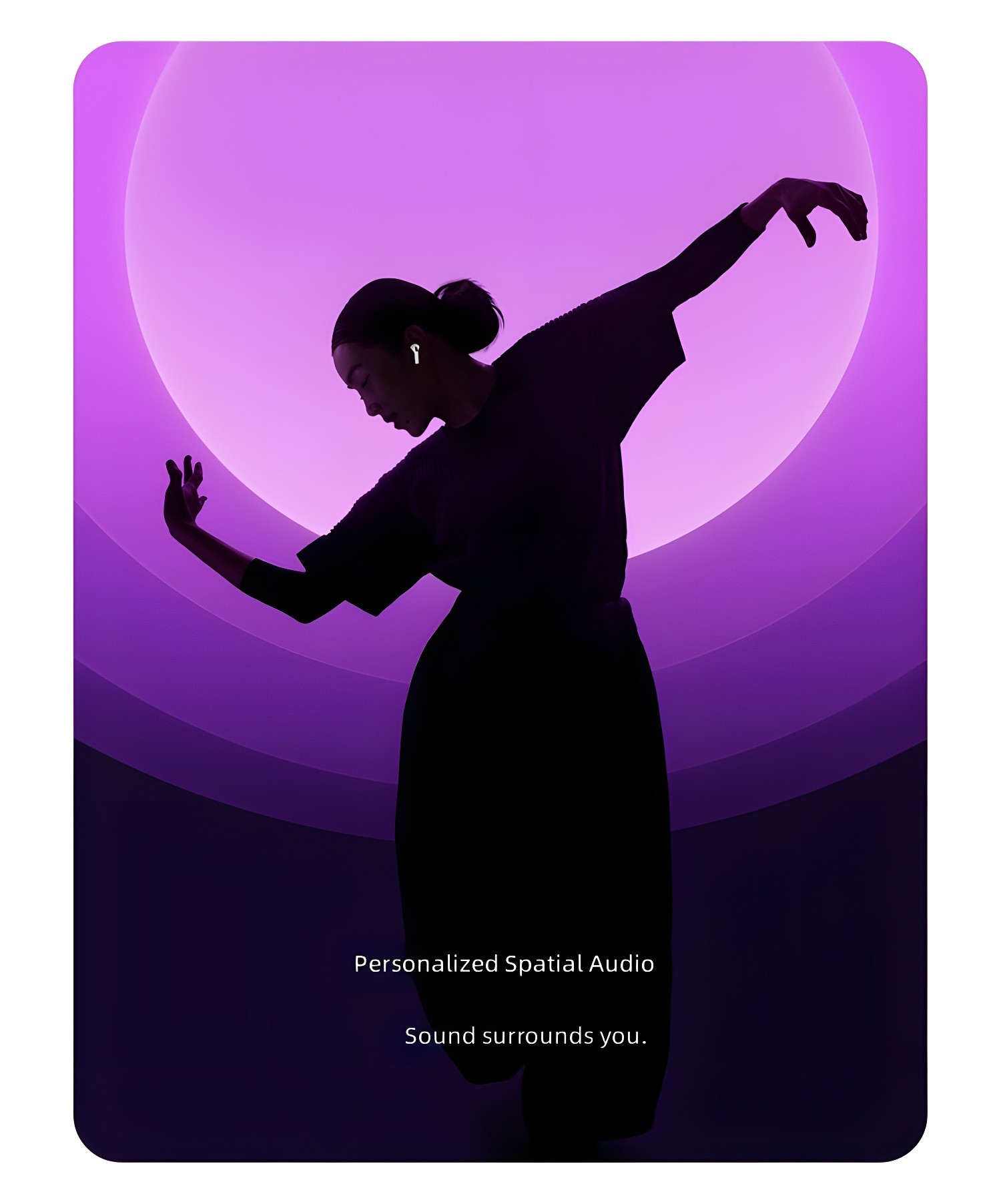 Silhouette of woman dancing with purple lighting, wearing AirPods 4, showcasing Personalized Spatial Audio