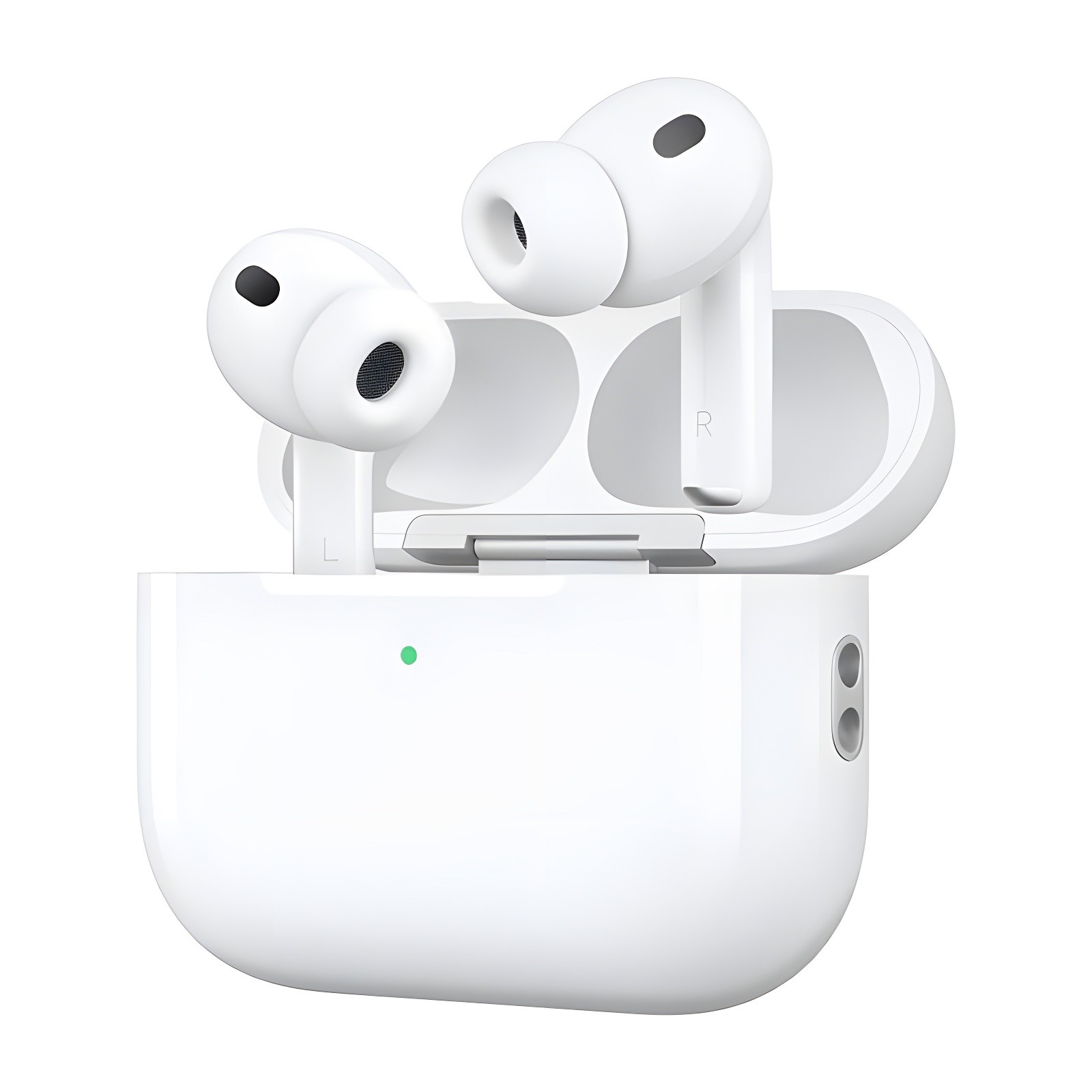 AirPods Pro 3 in charging case with green status LED