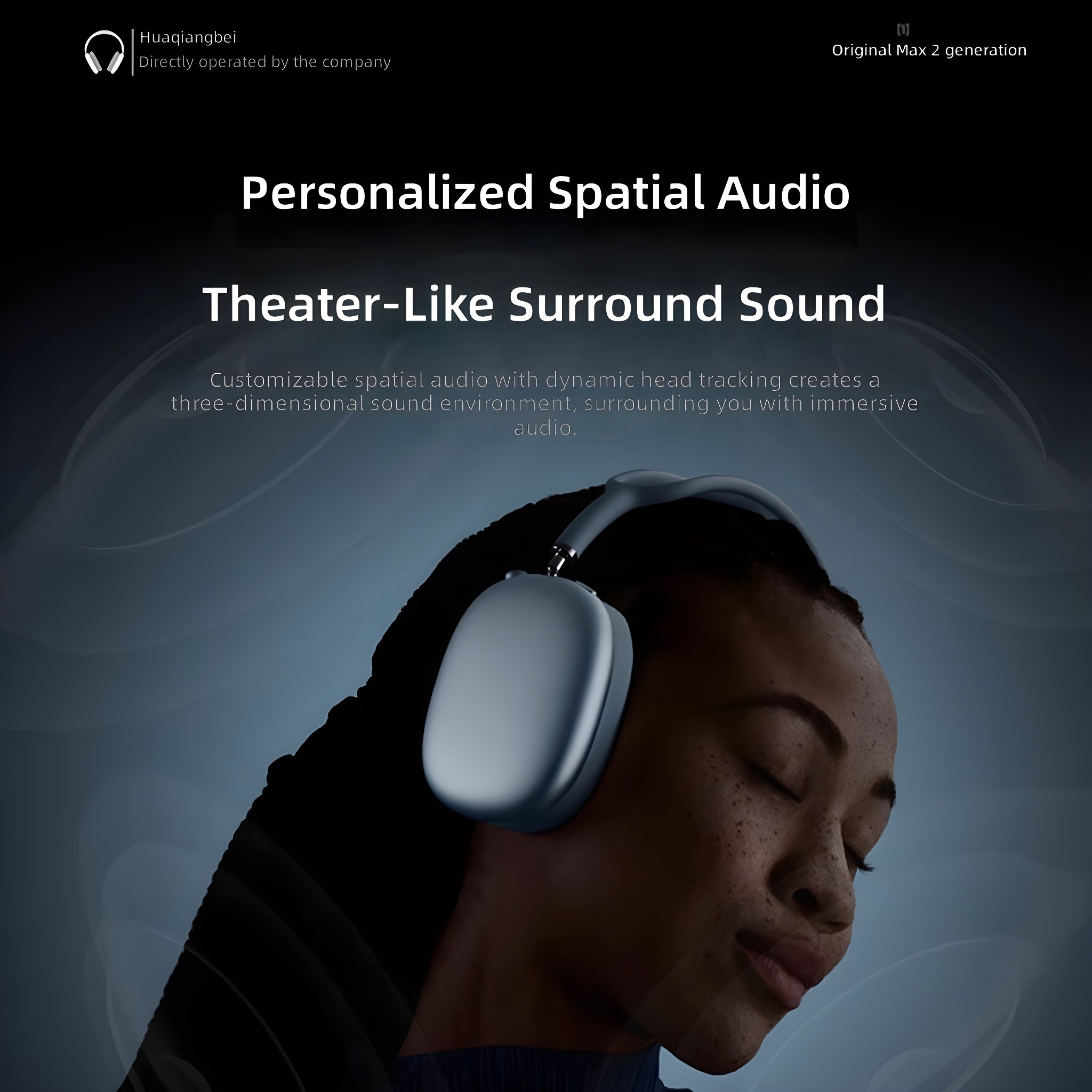 Close-up of woman wearing headphones with 'Personalized Spatial Audio' and 'Theater-Like Surround Sound' text overlay