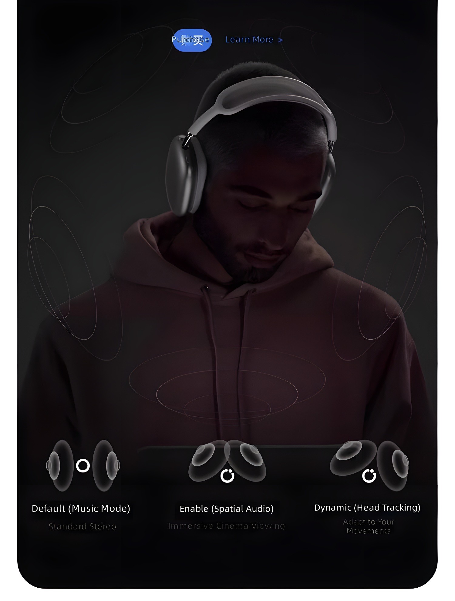 Man in hoodie using tablet with three spatial audio mode icons: Default, Enable (Spatial Audio), Dynamic (Head Tracking)