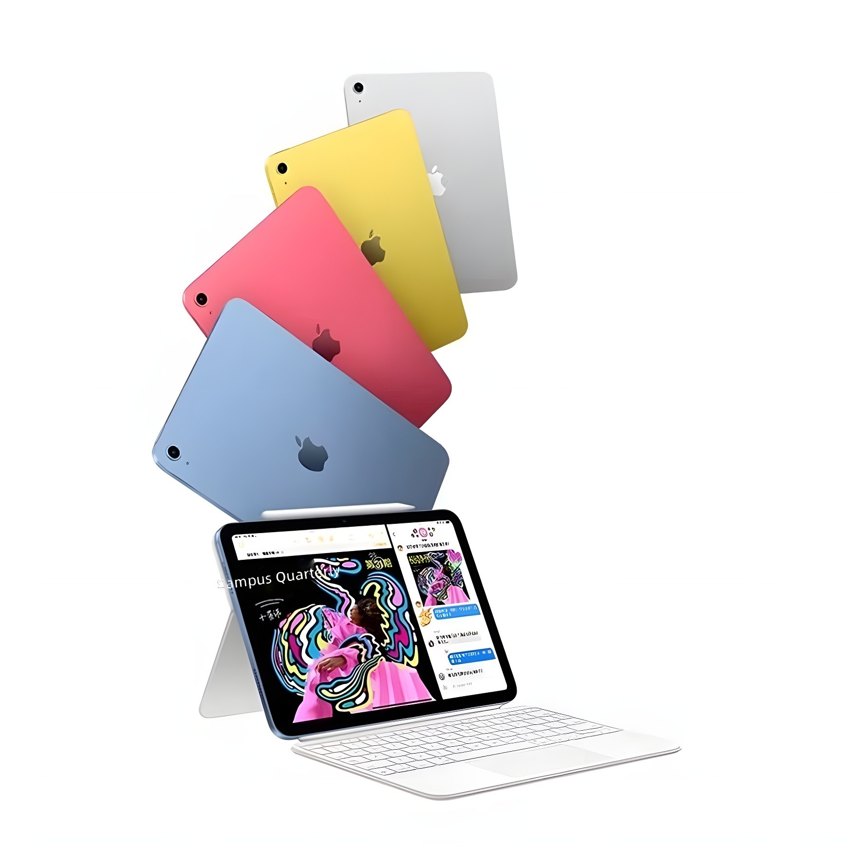 Four iPad colors (blue, pink, yellow, silver) floating above a front-facing iPad with keyboard and vibrant app interface