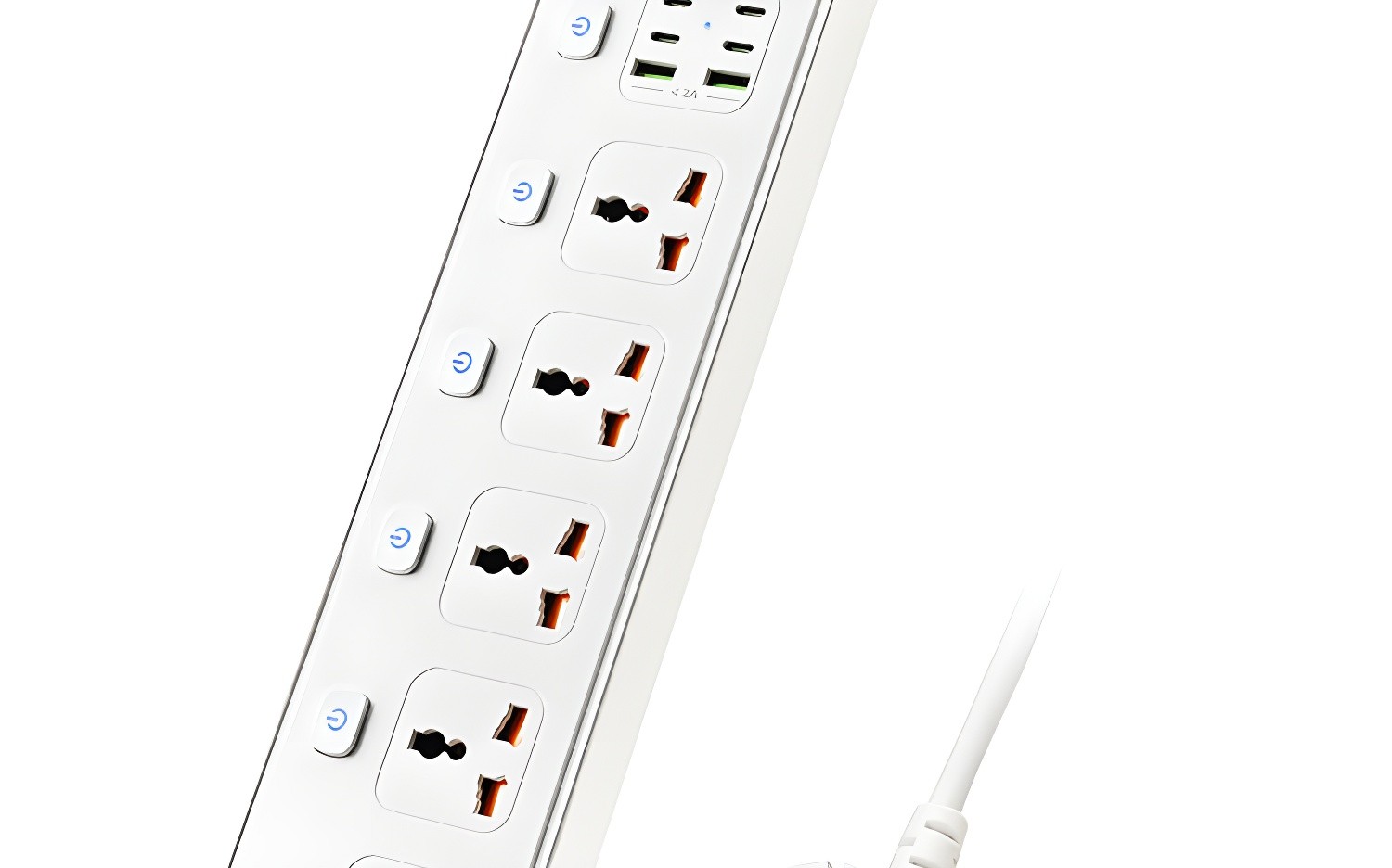 Close-up diagonal view of white power strip showing outlets and USB ports